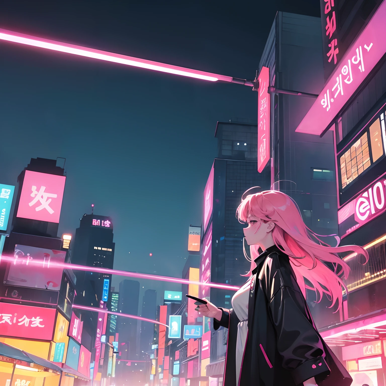 (zero), Woman working in office, mature woman, Profile, night lights, Neon scenery in the park at night,Analog Color Theme, large full breasts, Lo-Fi(Lo-Fi), flat, 2.5D ,Draw a line, Ink Drawing, Large gradients, Watercolor painting, Goosch Colors, Studio Ghibli Style, Awesome colorful, Outerwear, Synthwave, lofi art,90s style,Old texture, amplitude,90s vibe, masutepiece, Huge technology, Blackhead, Scenery of Korea, Pretty Girl, a beautiful woman, long hair, Office Landscape