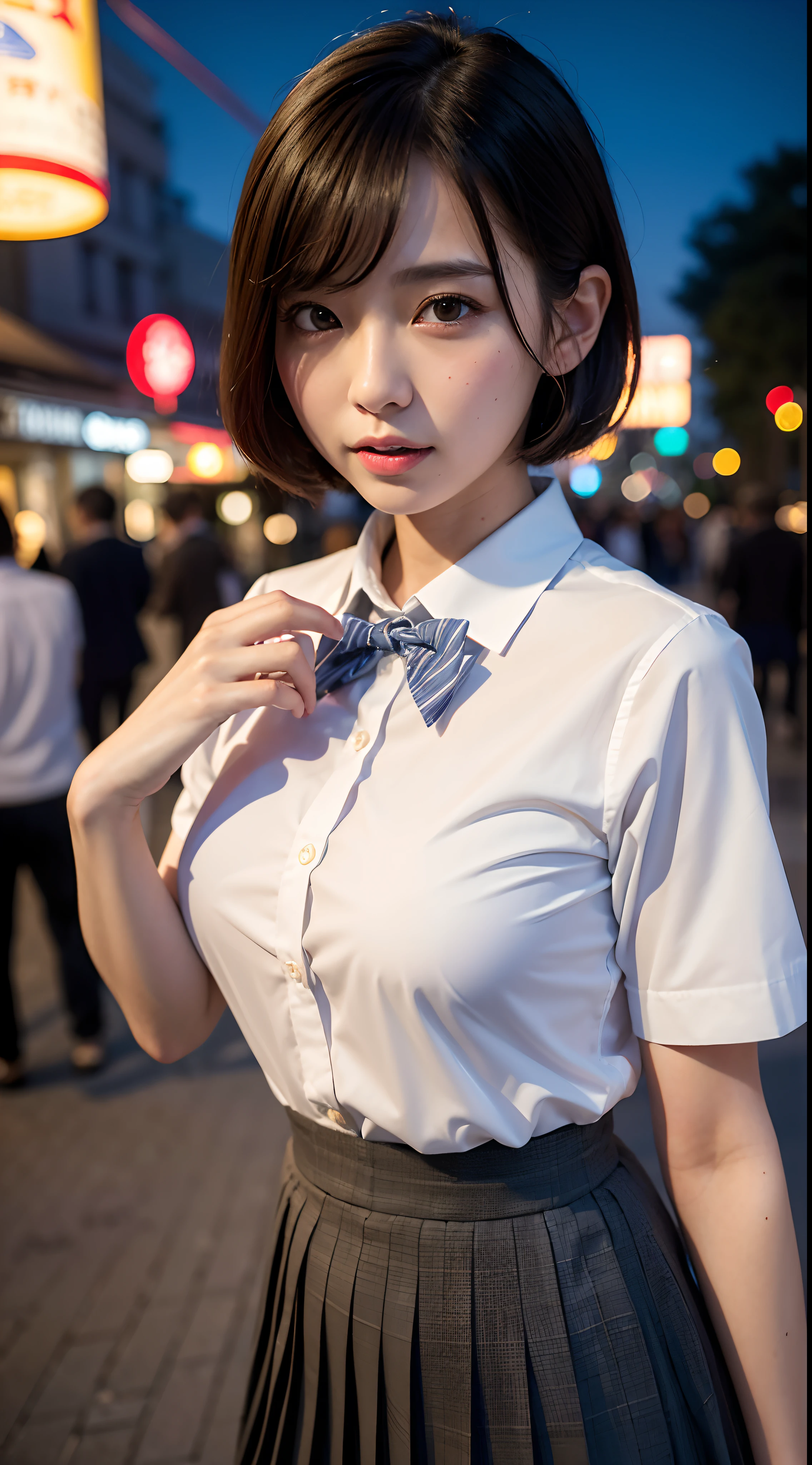 (8K, RAW photo, Best quality, Masterpiece:1.2), (Realistic, photo-realistic:1.37), Ultra-detailed,
1 girl,Cute, Solo,Beautiful detailed sky,Detailed Tokyo Street,Night,
Medium breasts,Beautiful detailed eyes,(Collared shirt:1.1), neck bowtie,Pleated skirt,(Short hair:1.2),Floating hair