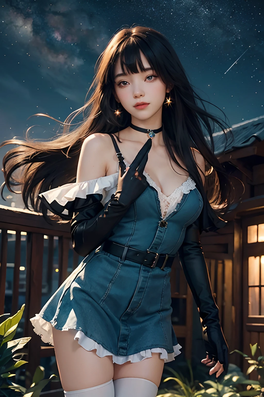 Masterpiece, Best quality, Night, stars, sky, Realistic, Real, Huge_filesize, Girl, Long hair, Gradient hair, hime_cut, Asymmetrical bangs, view the viewer, aqua eyes, Laughing, eye bags, Small breasts, shift dresses, White pantyhose, Earrings, fingerless_mitts, half gloves , Black choker , Sam_polypubic hair,
