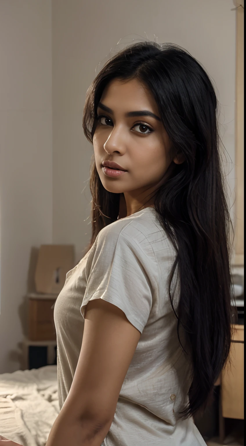 ultra-realistic photographs,Indian Instagram female model,mid 20s,9:16,mid-shot,beautiful detailed eyes,detailed lips,longeyelashes,black stylish hair, naturally full eyebrows,perfectly formed nose,expressive face,attractive appearance,candid photo,vibrant and colorful v-neck t-shirt dress, plain dress, hostel room background, serene atmosphere,stunning architecture,soft and natural lighting,vivid colors,photorealistic,HDR,highres,studio lighting,ultra-detailed,bokeh,fully covered clothes