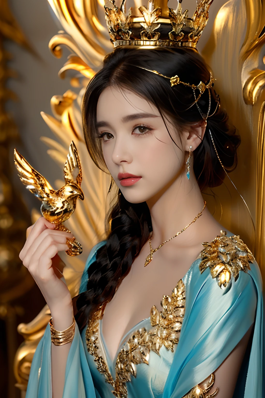 Rainha sedutora, garota solo, ((Golden crown on head)),  coroa detalhada, enfeites na coroa, Hand carved crown,colar de diamantes, brincos de diamante, joias pelo corpo, (rosto detalhado), mulher jovem de 20 anos, roupas bordadas a ouro, detalhes de couro na roupa, silver accessories, Sizzling fabric, birds flying, natureza exuberante
