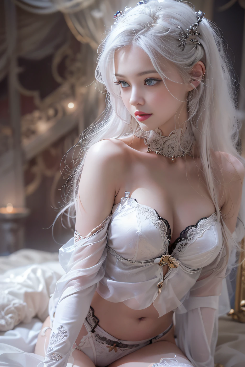 ((tmasterpiece:1.4)、(top-quality:1.4)、(reallistic:1.7))、By Luis Royo(By Luis Royo)Surreal portrait of a beautiful girl、Super beautiful girl、((1girl in:1.4))、Shiny natural skin texture、Authors:By Luis Royo(By Luis Royo)、age19、(Two arms:1.4、Two legs:1.4)、(perfect anatomia:1.4)、(Perfect female body:1.4)、Portrait photo of a girl、Close-up photos、Full body shooting、((masutepiece:1.4), (of the highest quality:1.4), (Realistic:1.7), By Luis Royo, Beautiful Girl, Super beautiful girl, ((1girl in:1. 4), Shiny natural skin texture, Authors: By Luis Royo, 19 years old, (Perfect female body: 1.4), (Perfect female body: 1.) 4), Portrait photo of a girl, Close-up photos, (Full body photo), Fantasy Art, Soft front light, Beautiful expression, Kawaii face, Beautiful breasts, Large Full Breasted: 1. 2, Beautiful buttocks, Fine eyes, Clear and eye-catching, beautiful and alluring, Beautiful eyes, thin waist, Raw photo, Red lips, ((White hair, Long hair)) , 1 Screen View, ((Woman on all fours on silk bed)), (sexyposture), (the milky way in the sky),((T-back panties))、((White garters and garter belts))、(A smile),((posterior view))、((Looks Back))、((Vaginal orchids))、((erection))