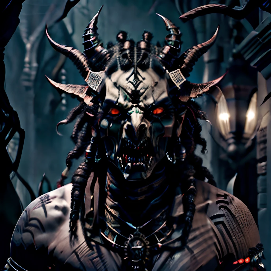A scary demon, symmetrical eyes, intricate details, horns, ((DREADLOCKS hanging down the shoulders)), portrait, face complete photo, f18, extremely detailed, ultra-realistic, cinematic lighting, 4k, uhd, 3d octane render
