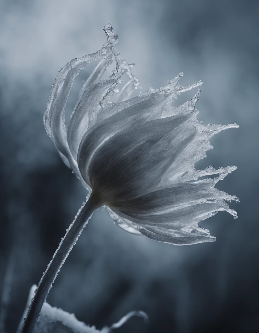 An enchanting macro shot of early rime ice delicately forming on a single, slender stalk of a tulip flower. The intricate ice crystals embrace the bloom, capturing the subtle magic of a frosty morning. Microscopic wonder, frozen delicacy, botanical enchantment, ice-kissed tulip, nature's detail, anime realism, perfect illustration