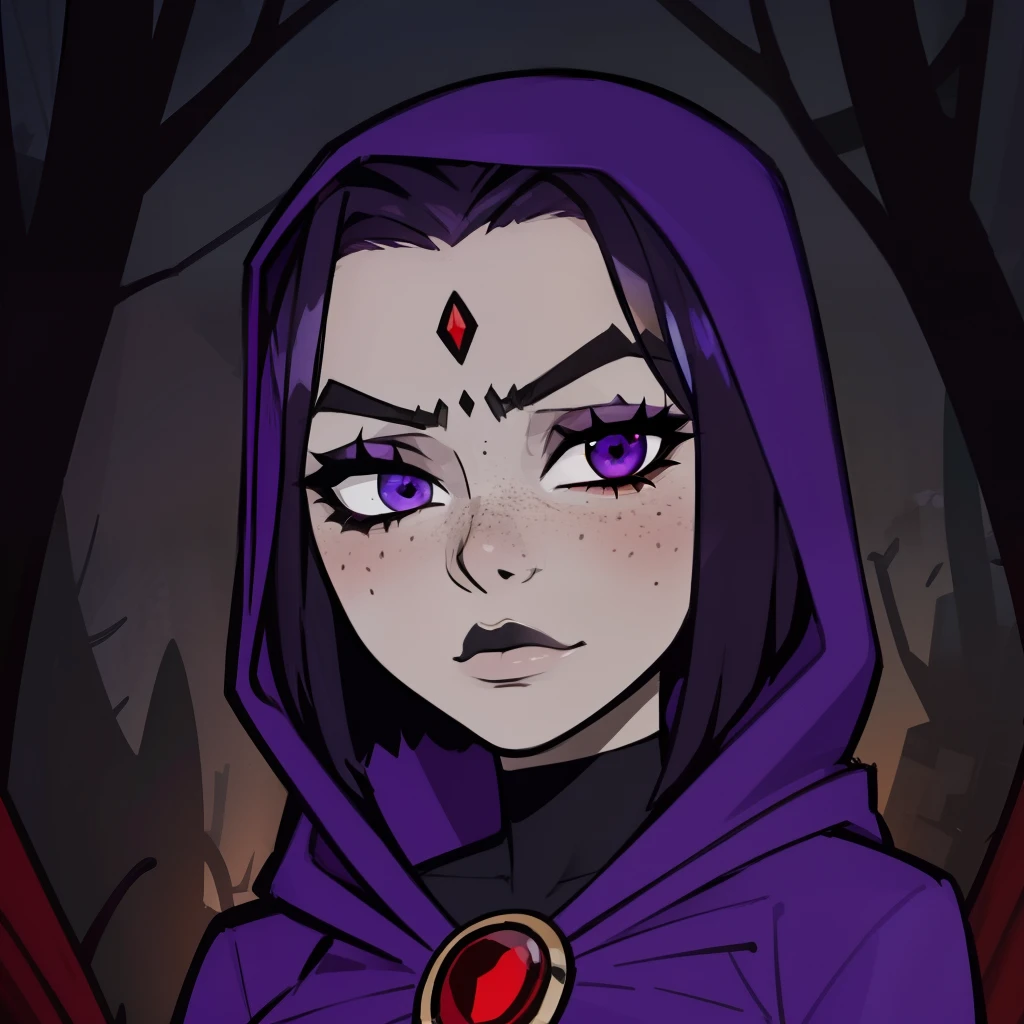 Raven,  titans, hooded, goth girl, autumn forest background, detailed, detailed, detailed, beautiful, detail, freckles, goth girl, masterpiece, purple clothes, red jewel centre head, dark night background, gothic, goth, goth, detailed, goth girl, piercings, detailed face, looking viewer, raven
