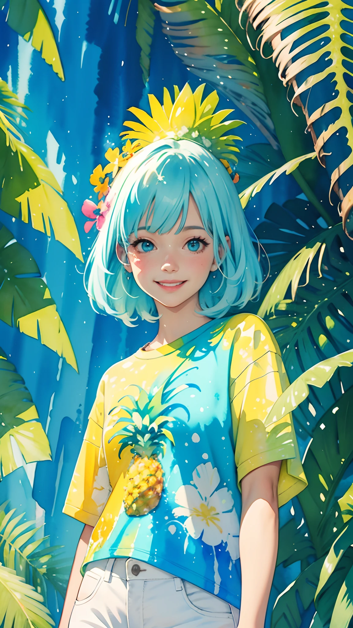 a pineapple painting with a splatter tropical background, pineapple design cool blue t-shirt and white pants, upper body centered, multi-color hair, green eyes, big happy smile, watercolor art, watercolor painting, watercolor painting style, watercolor detailed art, watercolor digital painting, watercolor paint, masterfully detailed watercolor, watercolor art