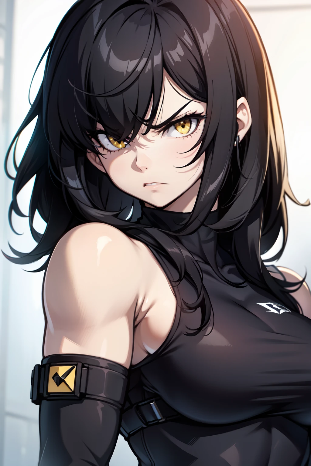 angry girl black hair muscular pale skin yellow eyes