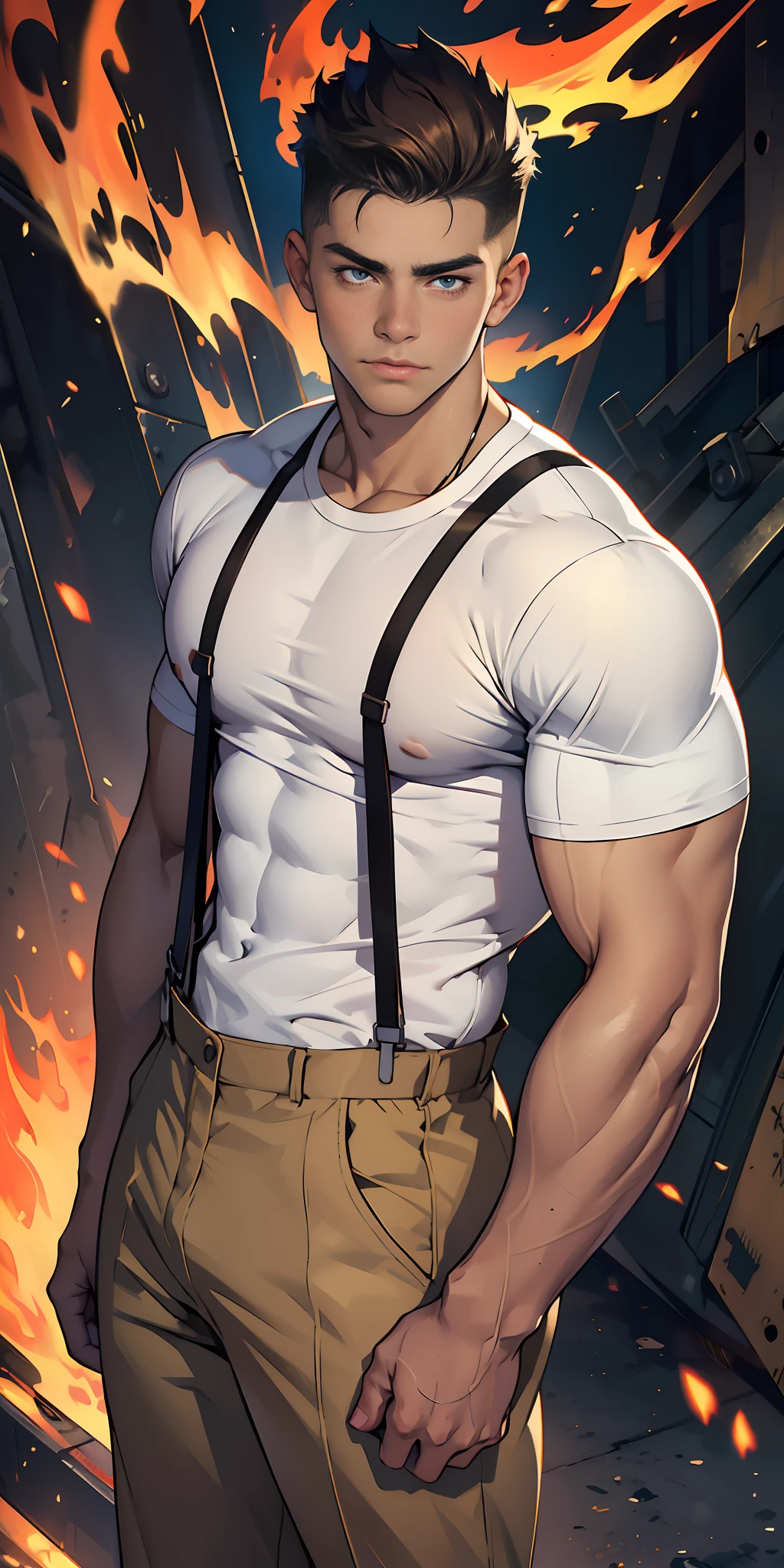 masterpiece, best quality, face, natural eyes, 1man, young man, european, big feet, black socks, large bulge, long legs, looking at viewer, 30 years old, muscled and mature, short haircut, a fire fighter, a firefighter in uniform, a firefighter sitting on the burning ground with fire nozzles in hand and legs stretched, fire fighter uniform, a firrfighter holding a fire nozzles, fire nozzles, water, raining night, fire on the buildings, city night, revelling chest and abs, fire, open chest, naked, flush, organism, face covered with white fluids, sweating, tight cloth, erecting, black leather shoes, very short pants, black socks