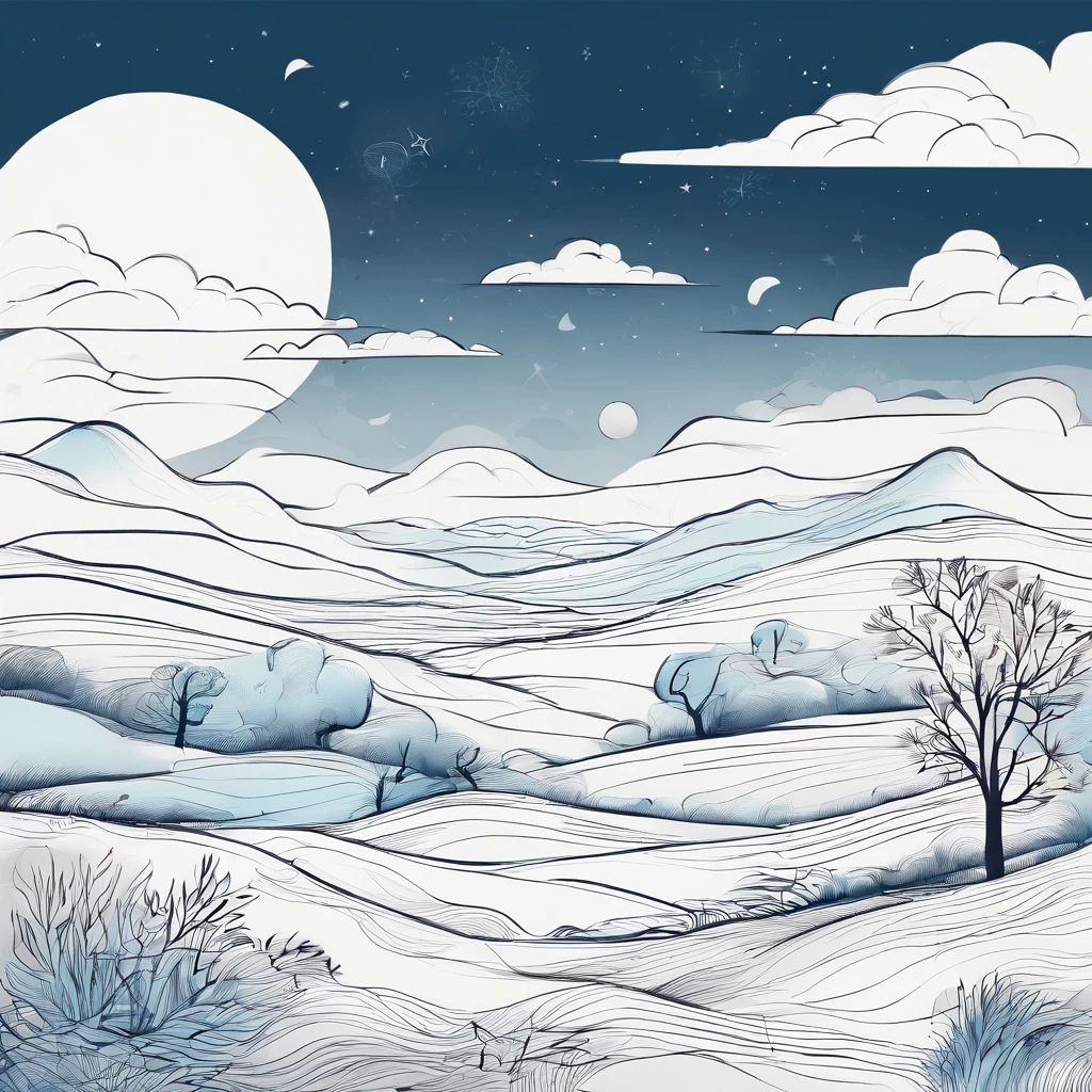 Simple landscape painting，Ancient wind，Around eleven o'clock in the evening，Clouds，themoon，naive，Hand drawn watercolor，Star blue