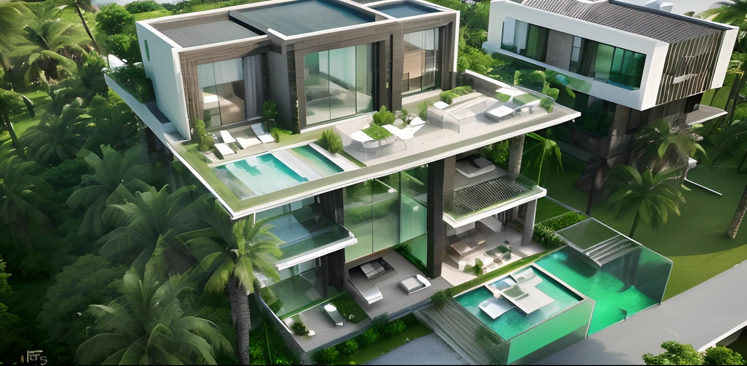 Modern resort villa, consisting of 3 floors, with lots of glass and green trees