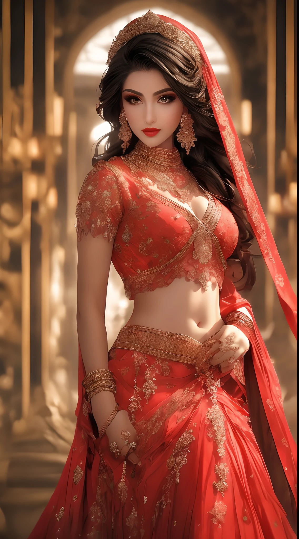 ,masterpiece, top quality, 8K, real person, realistic, very dense CG, shiny skin, fully focused, radiant, A beautiful Arabic belly dancer, seductive look, wearing a bicini , bold clothes, bold environment,, cinematic look red lips,bold and majestic look,, wearing a loose top, stylish design, mesmerizing look,bold and majestic look, Background royal palace, beautiful and elegant lady