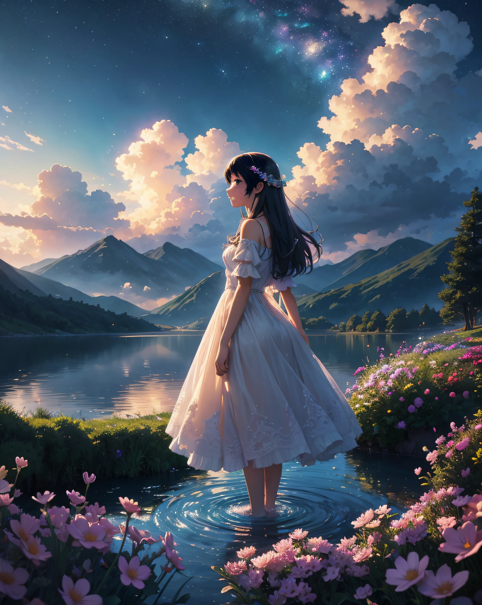 Beautiful princess -yeld Elora Pavinato、Wearing a dress watering the colorful flowers of the planet. Background, Mountainous landscape in pastel tones. The lighting is soft and dreamy. 3D rendering quality is、Very detailed and realistic in 8K resolution.", eye, close up, Beautiful night sky, meteor shower, Beyond the Clouds, Surrounded by water, pondering, wide angel, Breathtaking clouds, wide angles, by makoto shinkai, tomas kinkade, James Gilead, Achieve scenery with holographic sleep, nffsw, voluminetric lighting, Ray tracing, intricate complexity, high details, Very detailed, Deviant art, 4k vertical wallpaper,, Colorful, airy, Anime Illustration, anime nature wallpaper