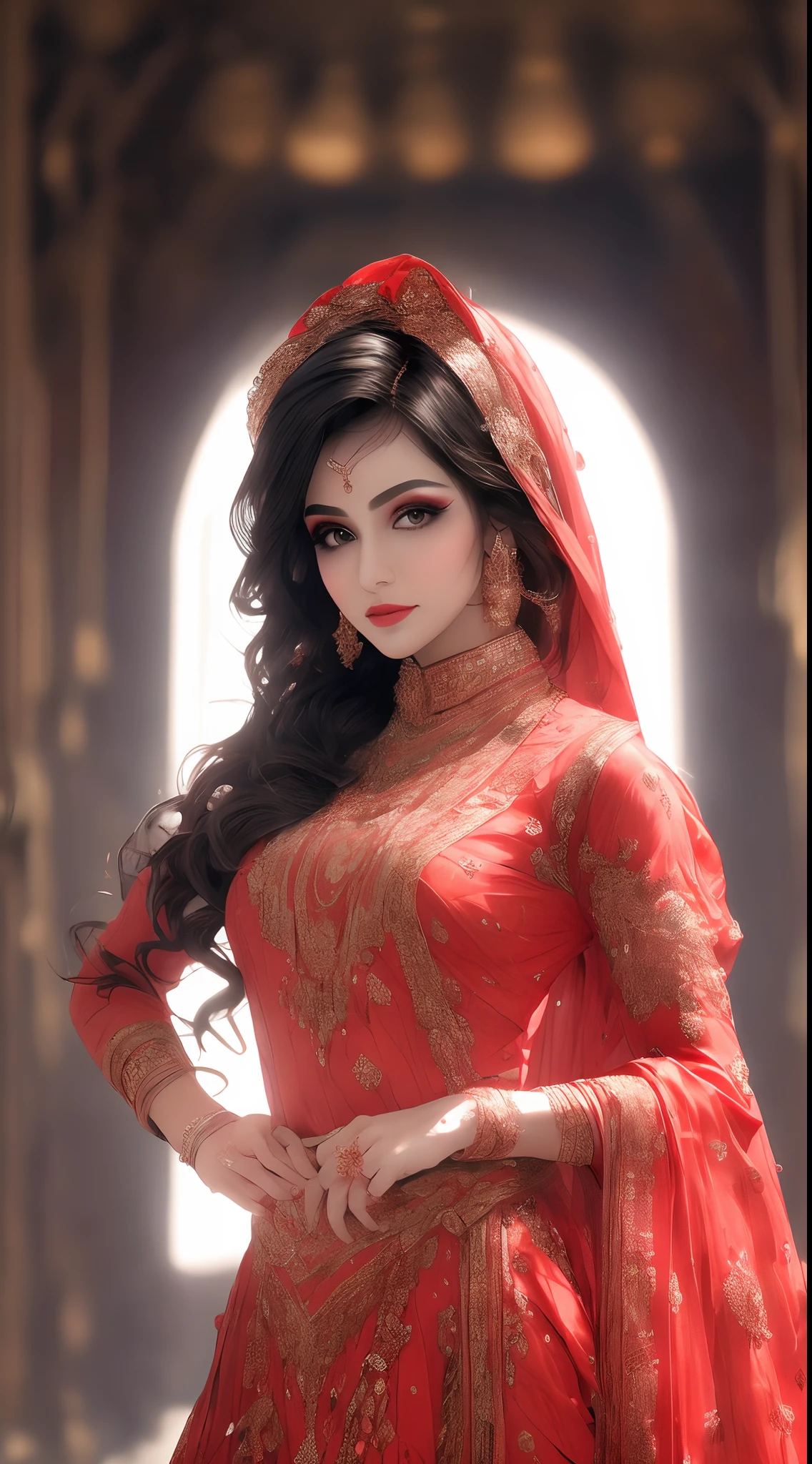 ,masterpiece, top quality, 8K, real person, realistic, very dense CG, shiny skin, fully focused, radiant, A beautiful Arabic mujra dancer, seductive look, wearing a mujra bicini  , bold clothes, cowboy environment,, cinematic look red lips,bold and majestic look,, wearing a loose top, stylish design, mesmerizing look,bold and majestic look, Background royal palace, beautiful and elegant lady