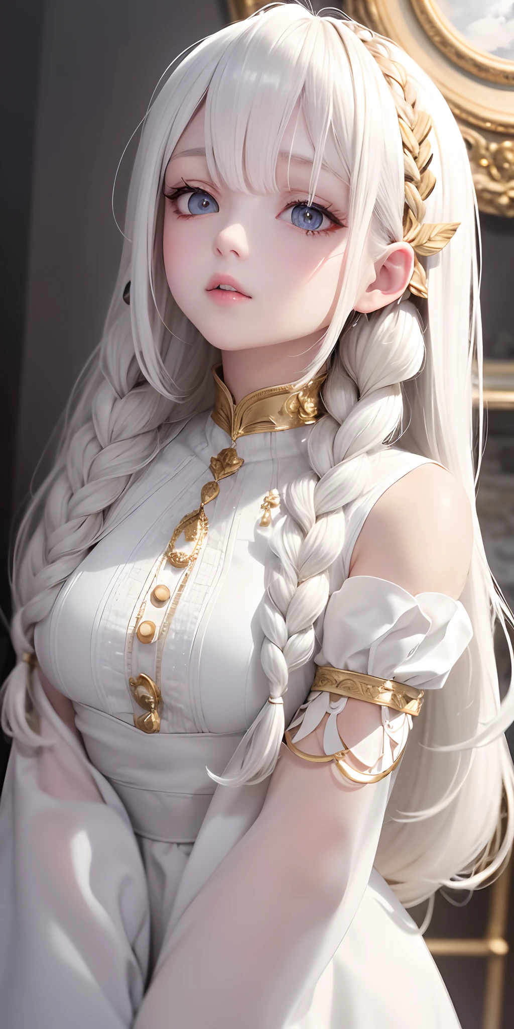 best quality, masterpiece,white hair, gold eyes,white clothes, looking up, upper body,hair strand,Fair skin,side braids