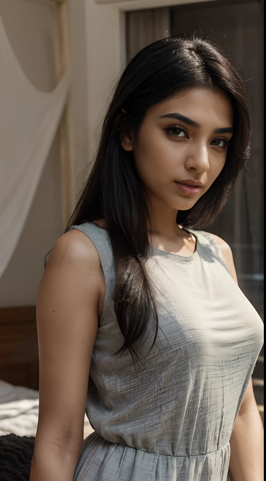 ultra-realistic photographs,Indian Instagram female model,mid 20s,9:16,mid-shot,beautiful detailed eyes,detailed lips,longeyelashes,black stylish hair, naturally full eyebrows,perfectly formed nose,expressive face,attractive appearance,candid photo,vibrant and colorful round-neck t-shirt dress, plain dress, hostel room background, serene atmosphere,stunning architecture,soft and natural lighting,vivid colors,photorealistic,HDR,highres,studio lighting,ultra-detailed,bokeh,fully covered clothes