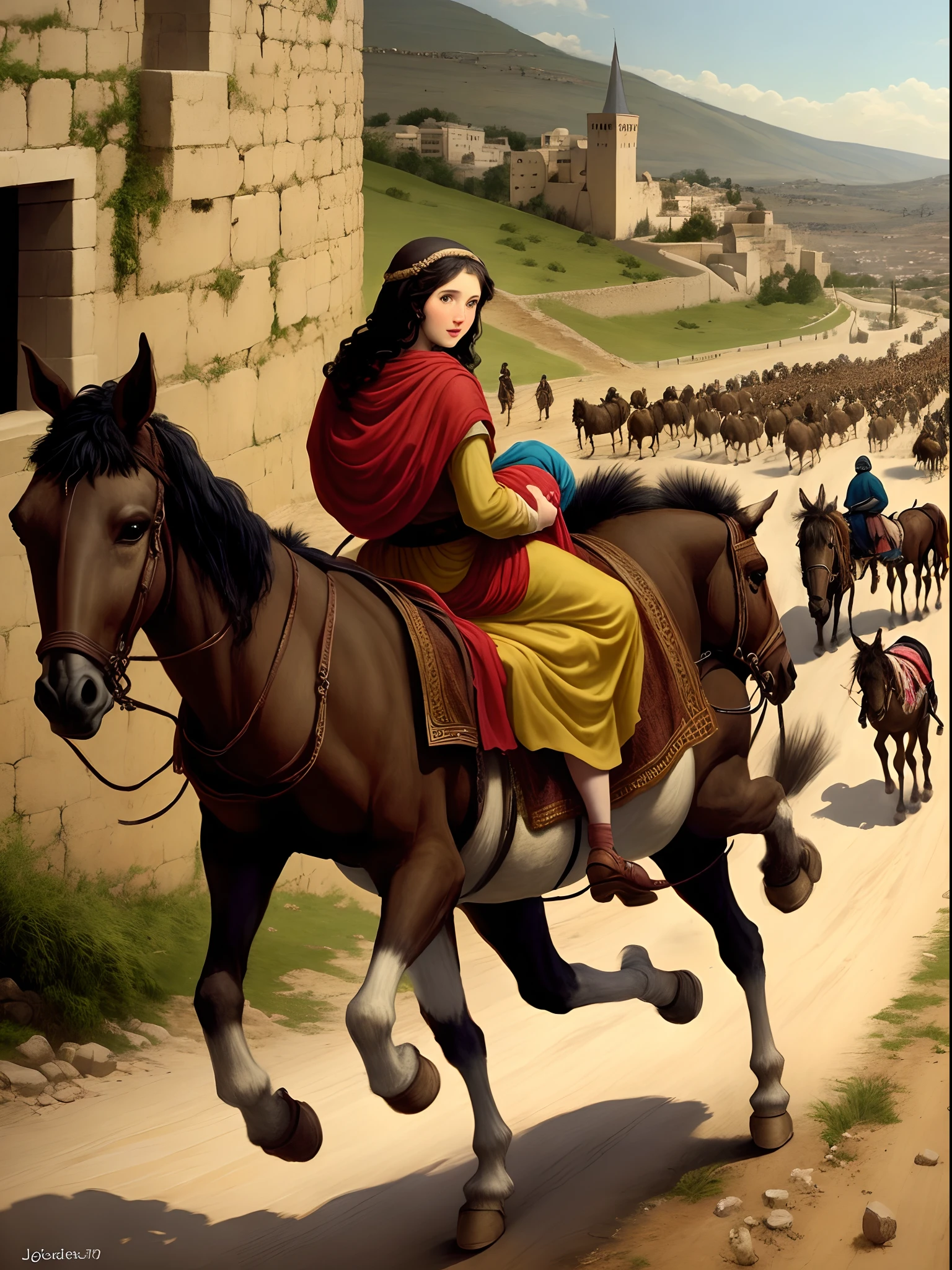Mary carrying the Jesus and riding a donkey, with Joseph leading on foot, look back at Bethlehem as Herods army moves in to slaughter.