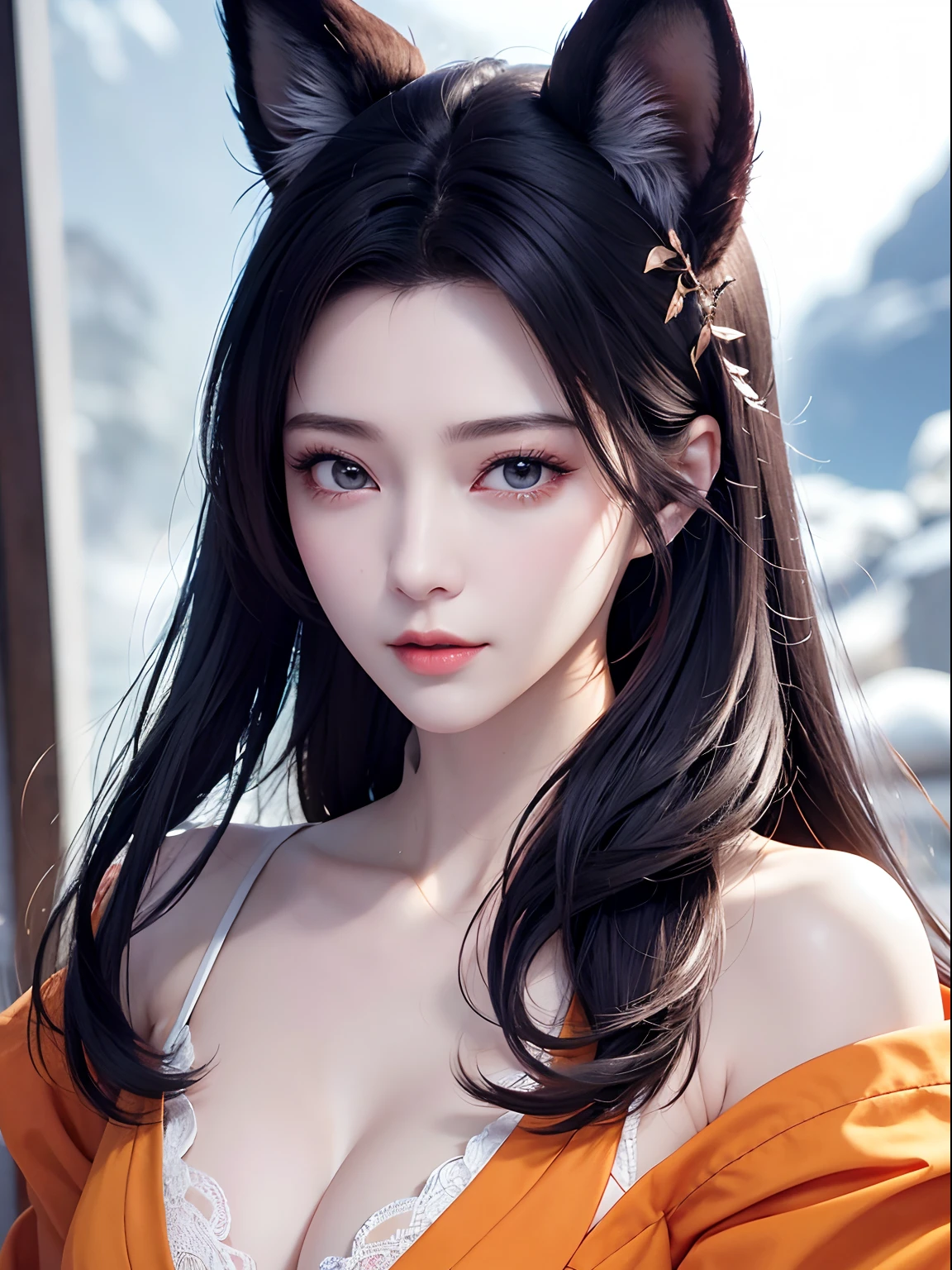 Ultra-realistic capture, Highly detailed, High resolution 16k close-up of human skin, Skin texture must be natural, Detailed enough to finely identify pores, Skin should look healthy, In a uniform tone, Use natural light and color, ahri, ahri_(lize_In the_legends), 1girl in, absurderes, animal_Ears, Black_hair, Detached_sleeves, Distri, facials_marks, Fox_Ears, Fox_tail, Hand_ ass hole up, hight resolution, lize_In the_legends, long_hair, Snow Suit, Magic, multiple_tailed, white_tailed, orange_Eyes, parted_Lips, Solo, Standing, tail, full_Body, arms behind back, appearance々Take Japan's Yokai with you,