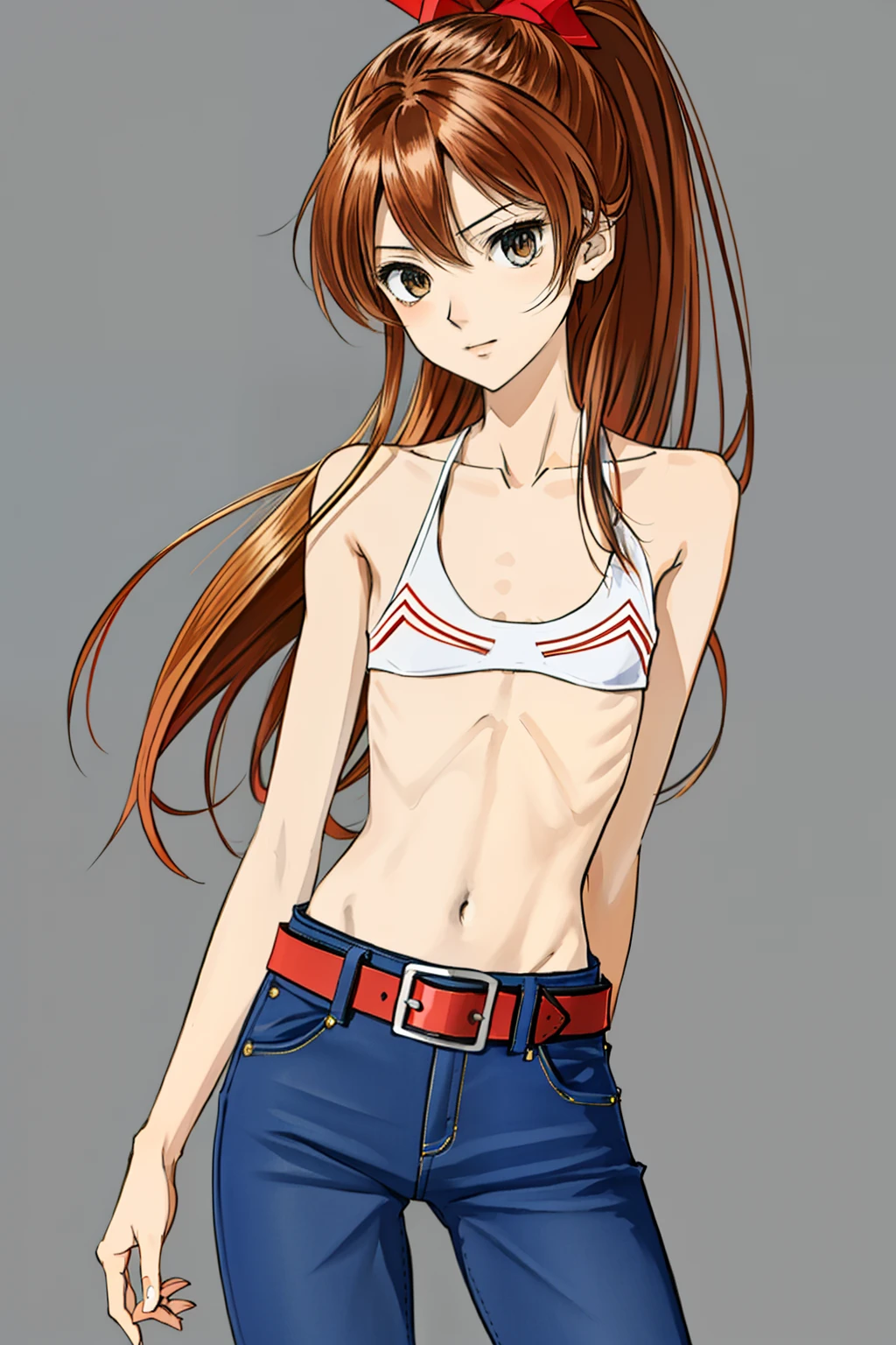 Realitsic very skinny young woman, Asuka Langley: 2.0 , naked, ((very very small waist)), ((ribs visible)), thin arms, thin legs, fine and beautiful face. ((Very skinny and fine body)), small breats, flatchest. ((Anorexic girl))., HD, 8k, high quality.Cohen ((thick belt at the waist))