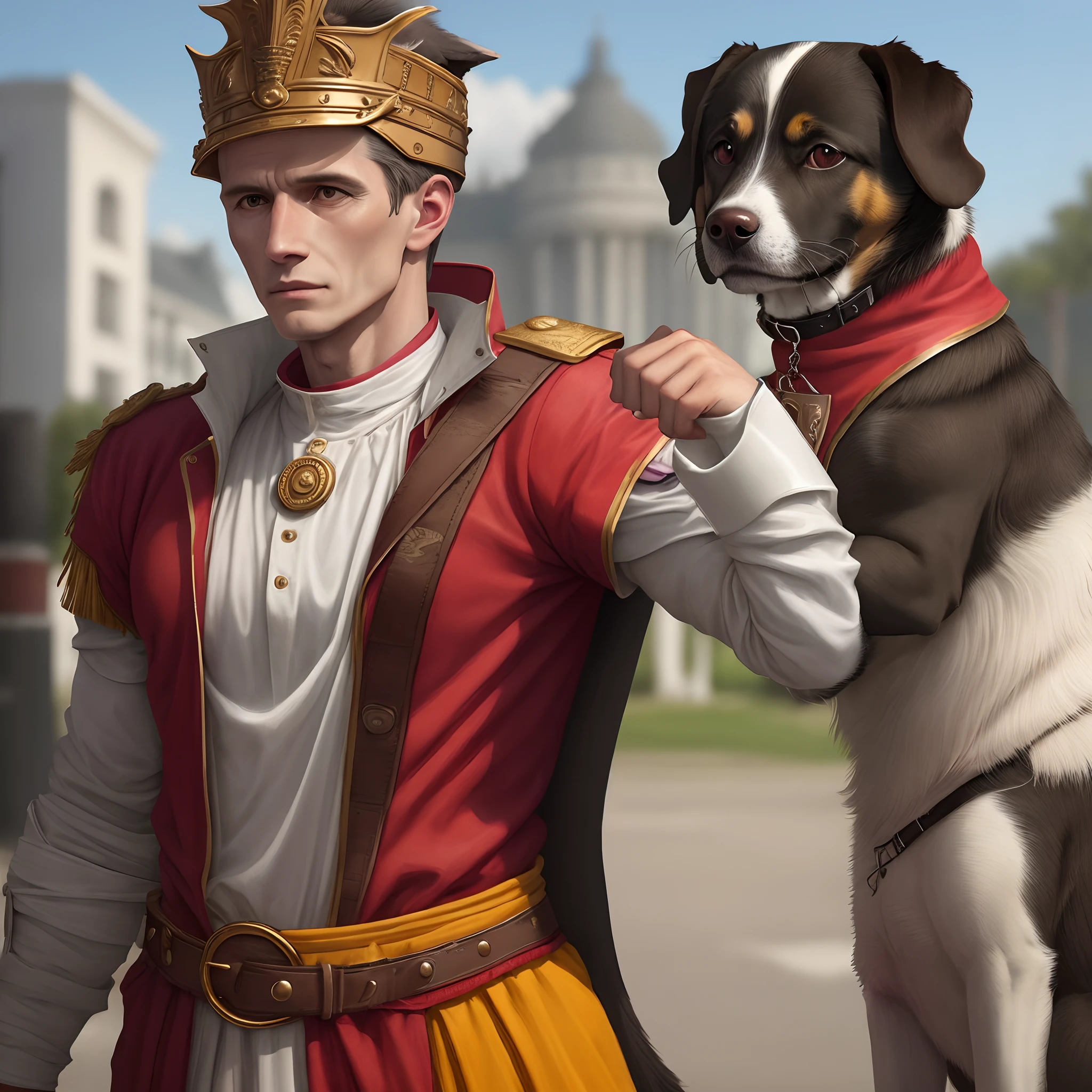 A dog dressed as Julius Caesar