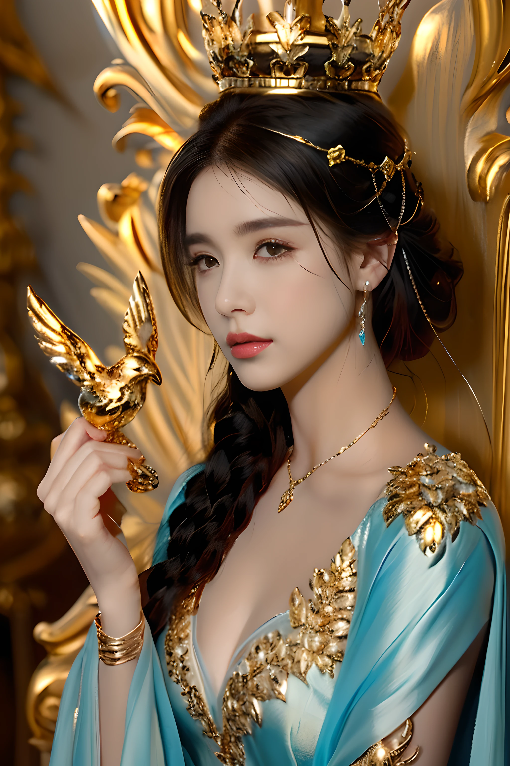 Rainha sedutora, garota solo, ((Golden crown on head)), coroa detalhada, enfeites na coroa, Hand carved crown,colar de diamantes, brincos de diamante, joias pelo corpo, (rosto detalhado), mulher jovem de 20 anos, roupas bordadas a ouro, detalhes de couro na roupa, silver accessories, Sizzling fabric, birds flying, natureza exuberante