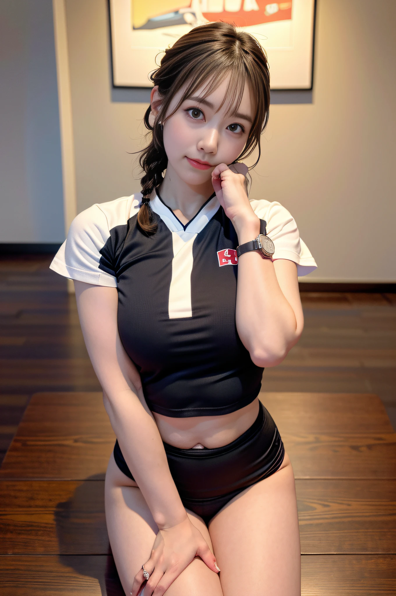 (8K, Raw photo, top-quality, masterpiece: 1.2), masterpiece, super detailing, Ultra-high decomposition energy A, (Realistic and realistic photos: 1.37), high-definition RAW color photography, Very delicate and beautiful., Igley Details, 8K Wallpaper, astonishing, detaileds, extremely detailed eye, highlydetailed skin, extremely detailed fingers, highly detailed nose, highly detail mouth, perfect anatomia,1girll, (Volleyball uniform), hazy, blured background, Blurred foreground, blush, braid, pectoral muscles, depth of fields, eyebrows visible through hair, Frild, hair between eye, Volleyball Court, jewely, look up at viewer, Short hair, Solo, Colossal tits、乃木坂アイドル、韓国アイドル、hposing Gravure Idol、porn star、18year old、tall、韓国アイドル、乃木坂アイドル、porn star、hposing Gravure Idol、((full bodyesbian)), ((Gravure Pose)), ((Saxy Pose)), ((full body Esbian)), crotch open, Lying down, Wide crotch, Sensual milf, sensuous