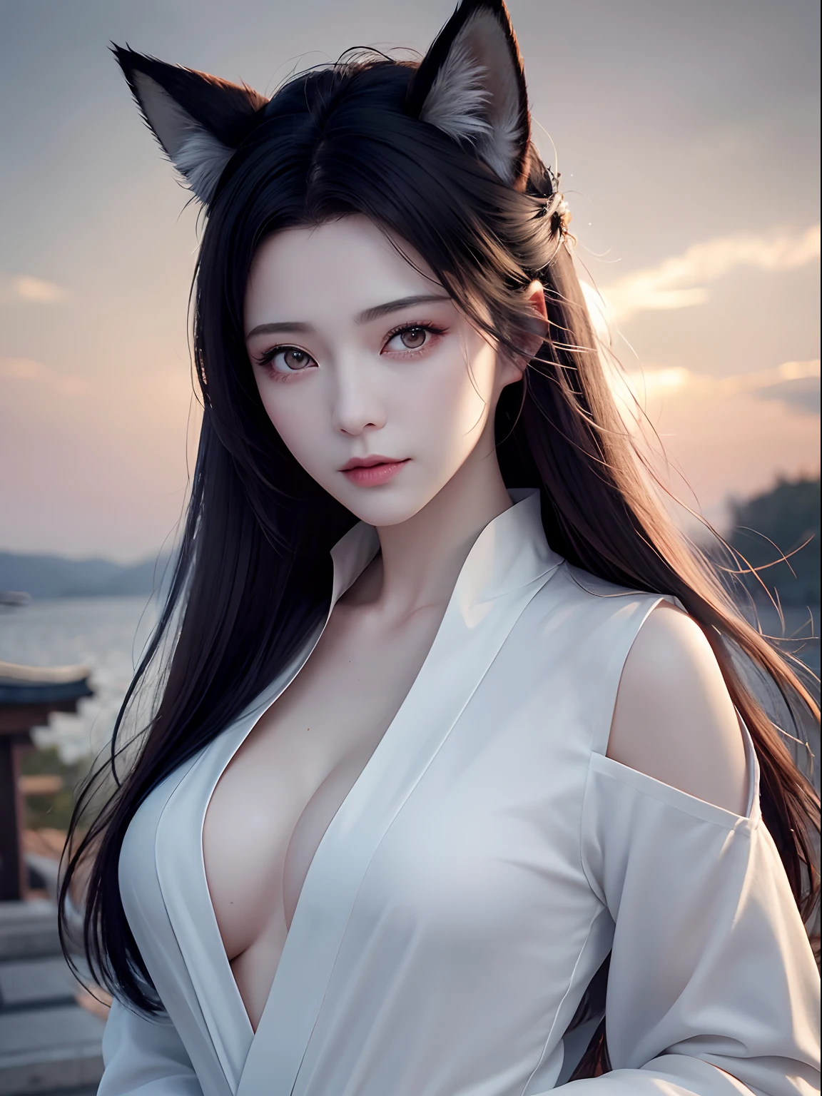 Ultra-realistic capture, Highly detailed, High resolution 16k close-up of human skin, Skin texture must be natural, Detailed enough to finely identify pores, Skin should look healthy, In a uniform tone, Use natural light and color, ahri, ahri_(lize_In the_legends), 1girl in, absurderes, animal_Ears, Black_hair, Detached_sleeves, Distri, facials_marks, Fox_Ears, Fox_tail, Hand_ ass hole up, hight resolution, lize_In the_legends, long_hair, Snow Suit, Magic, multiple_tailed, white_tailed, orange_Eyes, parted_Lips, Solo, Standing, tail, full_Body, arms behind back, appearance々Take Japan's Yokai with you, The scene of walking along the path of Japan leading to the underworld