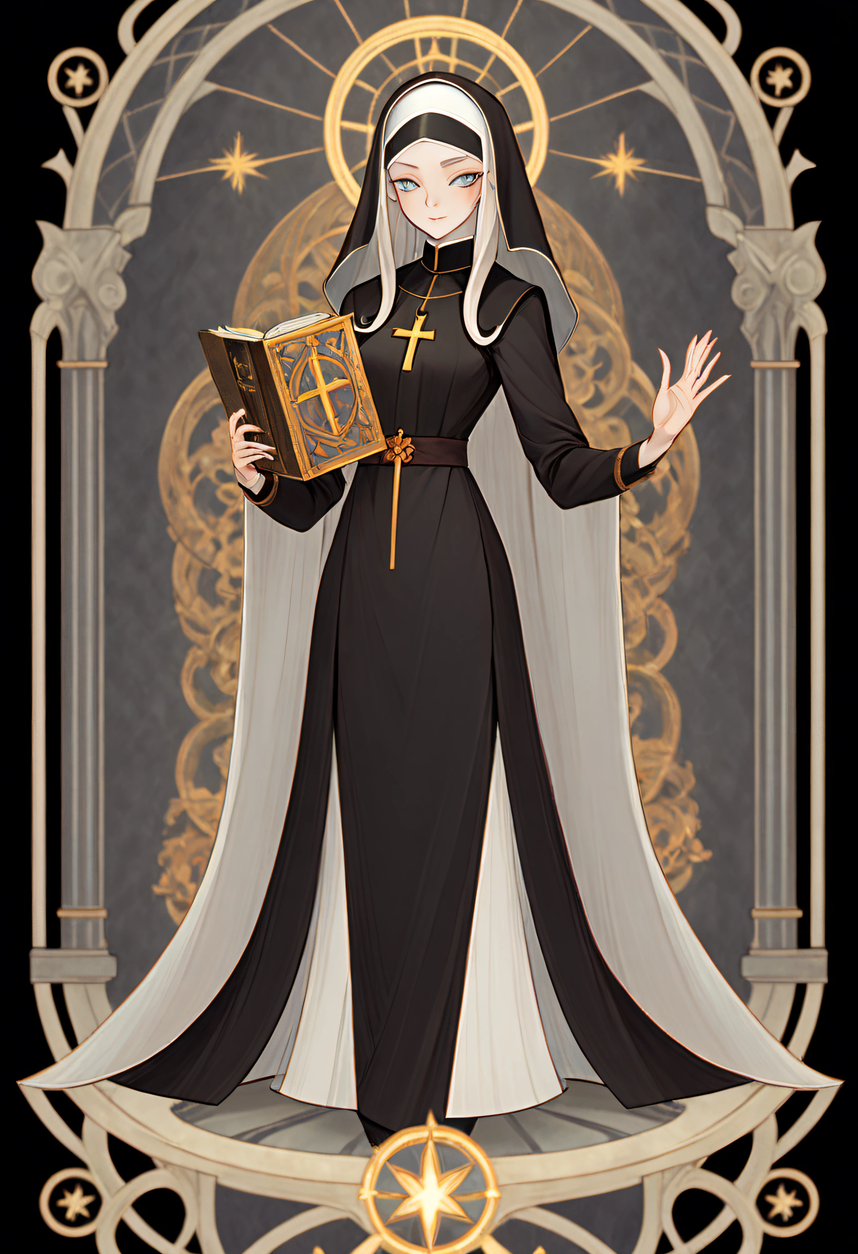 Full body portrait of 1 girl, The nun holds the Bible, nuns clothing, standing on your feet, (((独奏))), Clear facial features, Simple line design, ((tarot card background, symmetric beauty)), perfectly symmetrical, The art of symmetry, Standing drawings of characters, ((flatcolors)), tmasterpiece，top Quority，best qualtiy，超高分辨率, ((Clear facial features，beautidful eyes，beauitful face, Exquisite facial features))