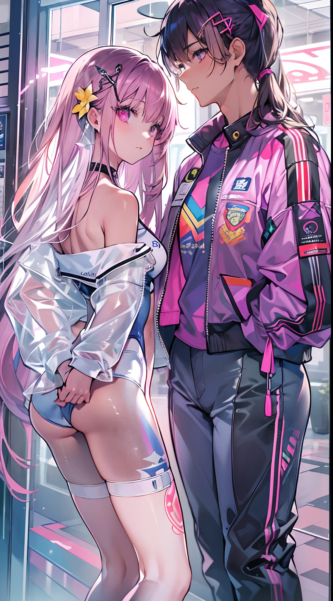 ((Masterpiece)), best quality, absurderes, ultra detailed, holographic, cowboy shot, golden ratio, super cute girl, mature girl, idol girl, super beautiful asian girl with very beautiful violet glowing eyes, beautiful glowing brown multicolored hair, high ponytail, nice and sexy body, slim body, perfect body, wearing a super tight anime printed leotard, an anime printed super tight off shoulder long sleeve crop top, a super aesthetic transparent mini jacket, beautiful hair ornament, pink jordan tennis, being photographed in a mall shop, with her handsome skinny boyfriend, with black messy glowing hair and super casual clothing