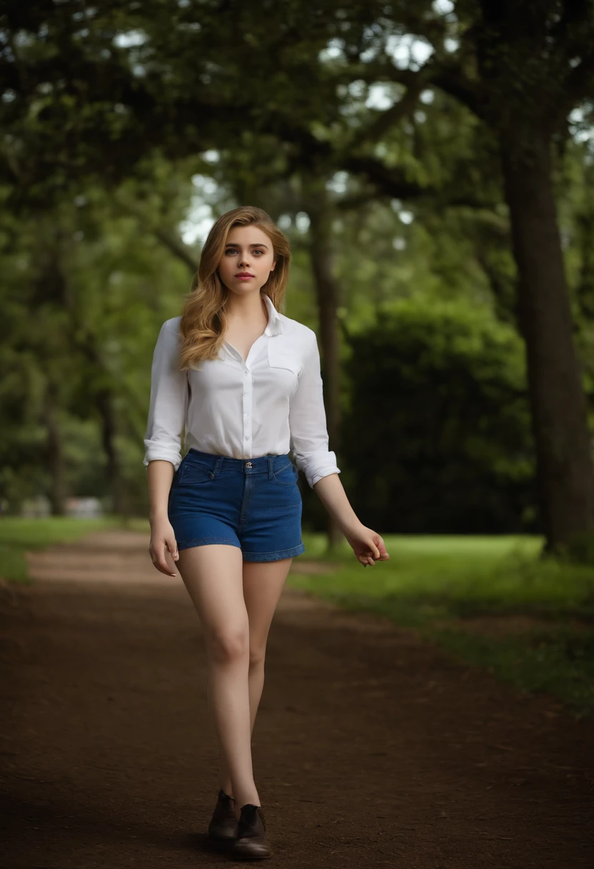Chica con una blusa blanca y pantalones cortos azules, en elparque, Chloe Grace Moretz, Chloë Grace Moretz, Chloe Moretz, Una colegiala hiperrealista, Gracia Moretz, adolescente hiperrealista, Colegiala hiperrealista, sydney sweeney, Joven Scarlett Johansson, joven hermosa amouranth, young and cute girl girl