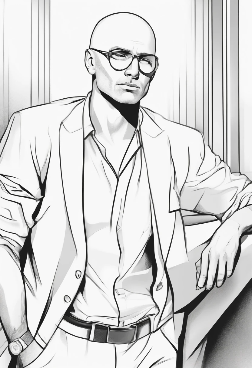 Simple lineart ,black-and-white, a character ,bald head , cripple