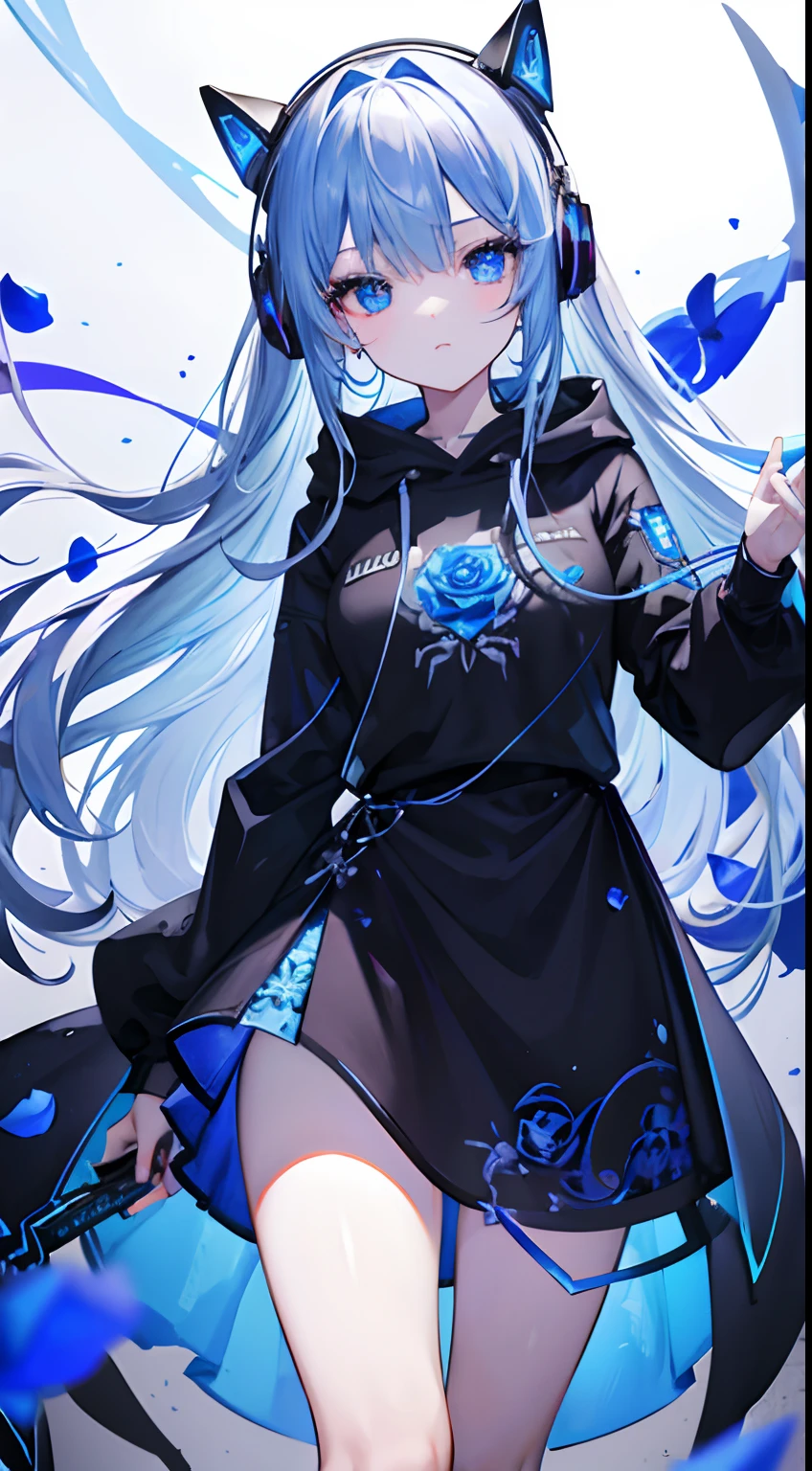 Top image quality、Standing Picture、full bodyesbian、ultra-definition、Detailed facial、A detailed eye、illustratio、the original god、a cool、With long silver hair、blue eyess、Blue glowing eyes、s girl 、Black hoodie、Cyber Wind、wearing black boots、a black skirt、Headphones glowing blue、Blue rose hair ornament、Blue roses、games、Facing the front、Holding a cyber-style glowing blue gun、Blue rose petals、