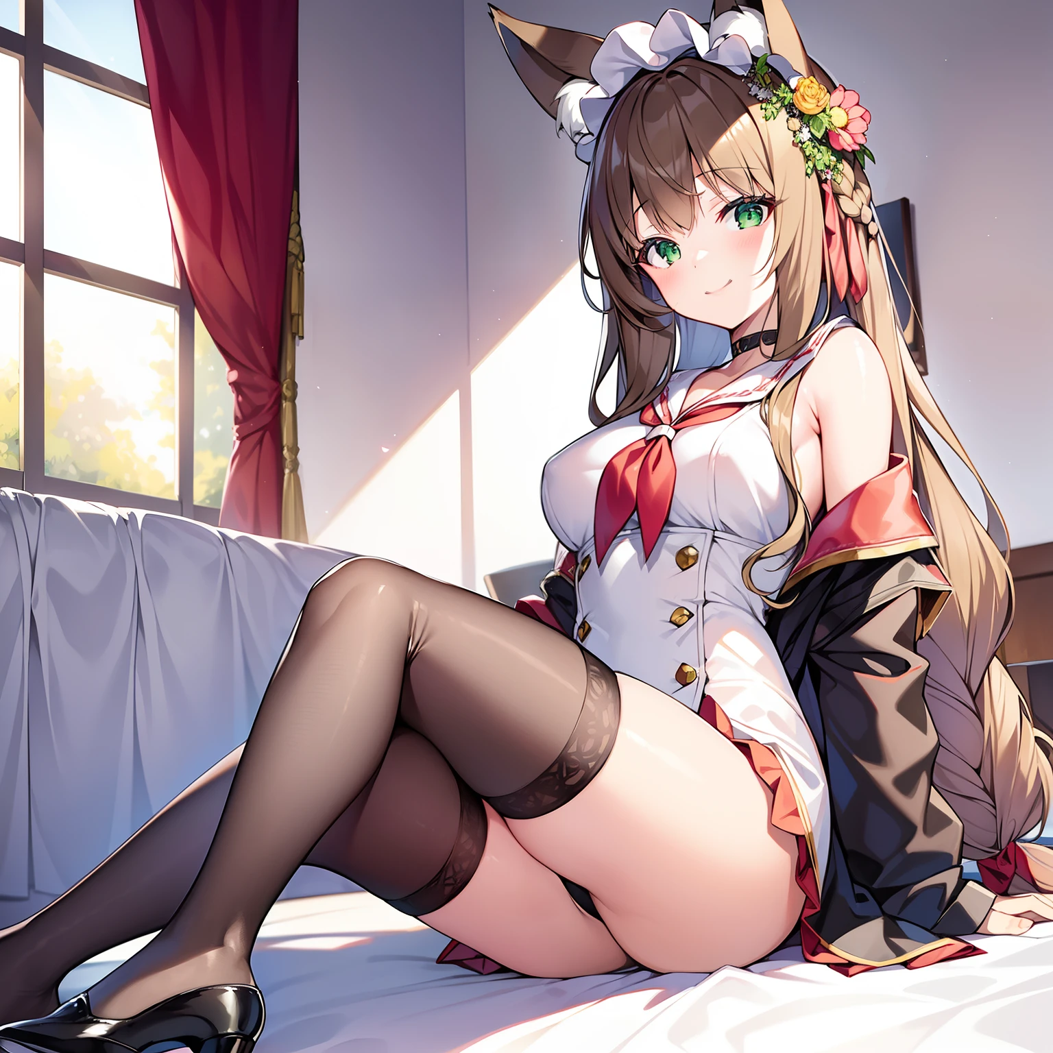 Masterpiece, Best quality, high resolution, 1girll, Solo, Oversized fox tail，(Long brown hair_Sideways French braided hair)，Green eyes，Small flower headdress, (Wife of 26 years)，Mature female figure_D cup，Modern architecture，Love hotel accommodation，The wife sat on the bed，(Dressed in sexy erotic student sailor suits)_Cosplay high school students，black sheer stockings，A seductive smile，Duck sitting position，