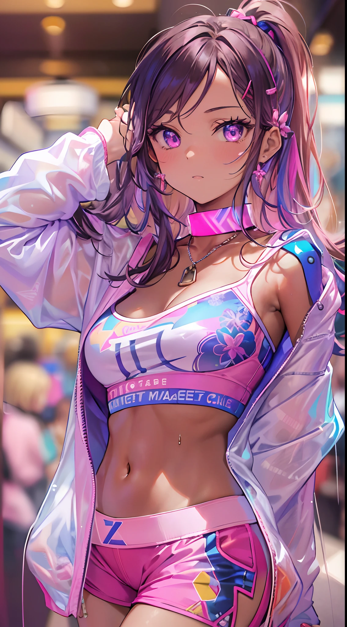 ((Masterpiece)), best quality, absurderes, ultra detailed, holographic, cowboy shot, golden ratio, super cute girl, mature girl, idol girl, super beautiful asian girl with very beautiful violet glowing eyes, beautiful glowing brown multicolored hair, high ponytail, nice and sexy body, slim body, perfect body, an anime printed super tight off shoulder long sleeve crop top, wearing super tight anime print micro shorts, a super aesthetic transparent mini jacket, beautiful hair ornament, pink jordan tennis, being photographed in a mall shop,( undressing, taking off micro shorts, showing neon pink panties, showing thong: 1.5)