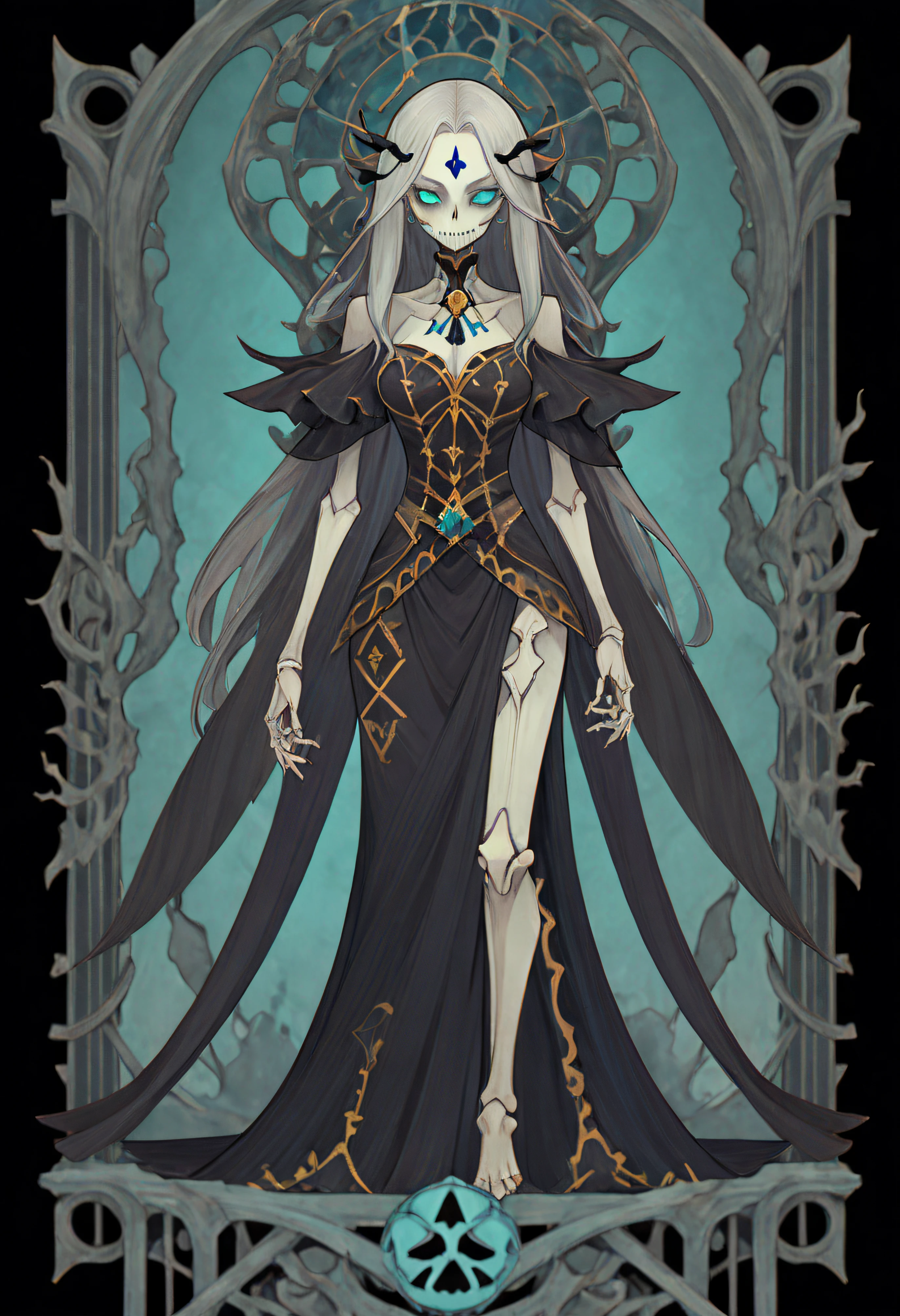 Full body portrait of 1 girl, undead mage, Skeletons float, Tattered costumes, standing on your feet, (((独奏))), Clear facial features, Simple line design, ((tarot card background, symmetric beauty)), perfectly symmetrical, The art of symmetry, Standing drawings of characters, ((flatcolors)), tmasterpiece,top Quority,best qualtiy,超高分辨率, ((Clear facial features,beautidful eyes,beauitful face, Exquisite facial features))