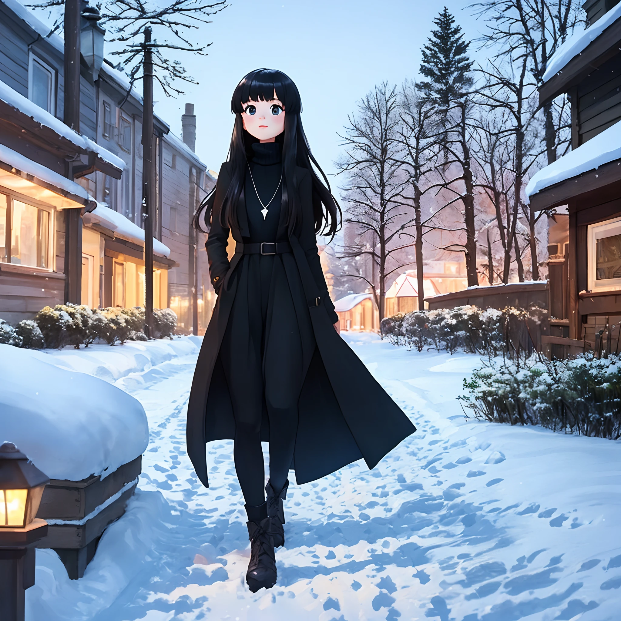 Girl with black long hair with bangs using black necklace in the snow in Russia at night wearing black turtleneck ::Style Pixar Cartoon, Disney Pixarl Movie Poster