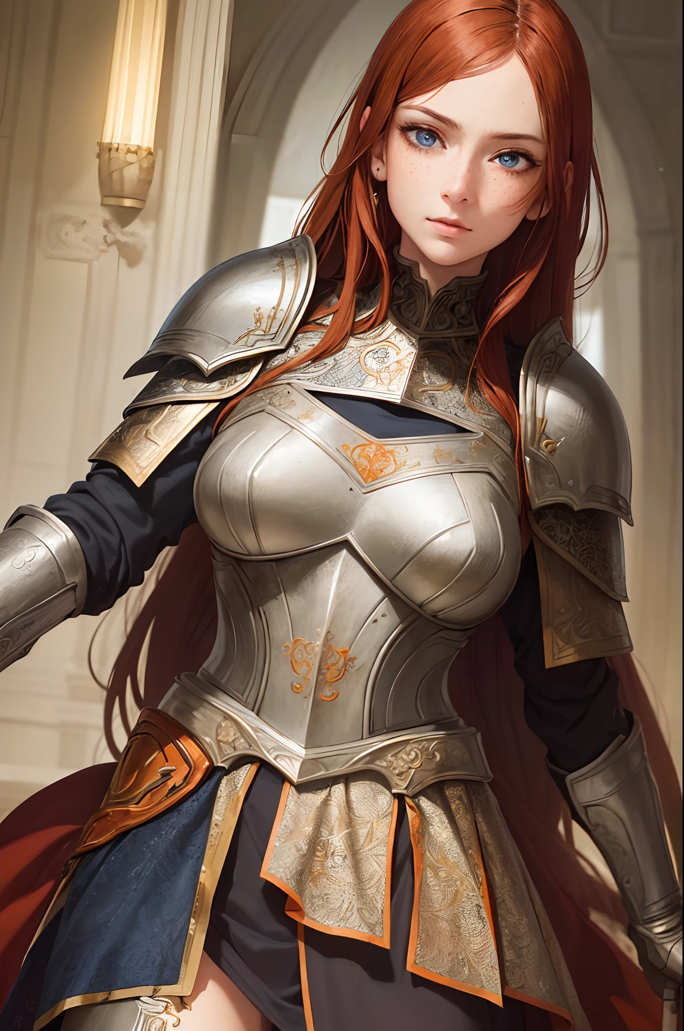 masterpiece, (realistic), highres, highly detailed, intricate, beautiful woman, Brown hair, blue eyes, freckles, detailed face, knight, armor