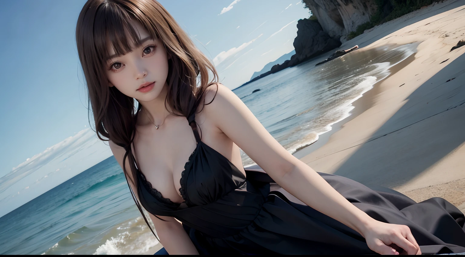kslw_iino, collarbone, small breasts, dress, black dress, seductive look