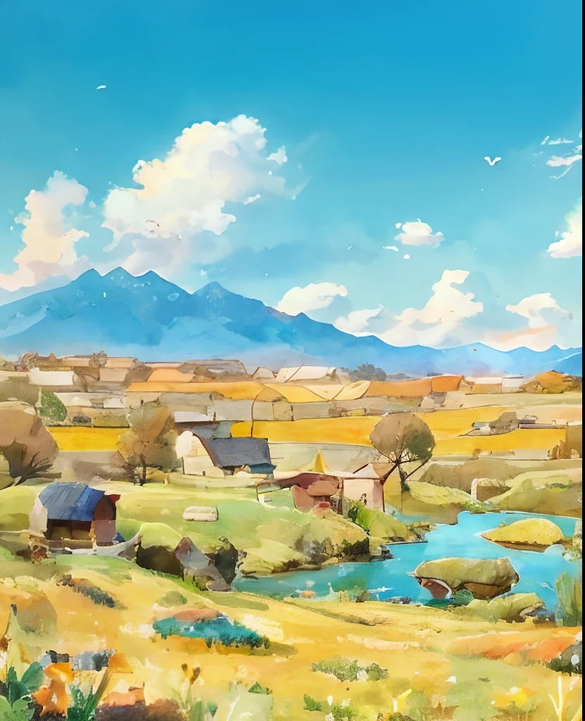 Farm painting with pond and mountains as a background, National landscape, kenton nelson, lindo cenario, landscape artwork, anime countryside landscape, rural landscape, peaceful landscape, sunny landscape, ( art fitzpatrick ), Landscape scenery, Meticulous landscape art, Beautiful landscape, author:Don Adi, author:Rainer Horsch