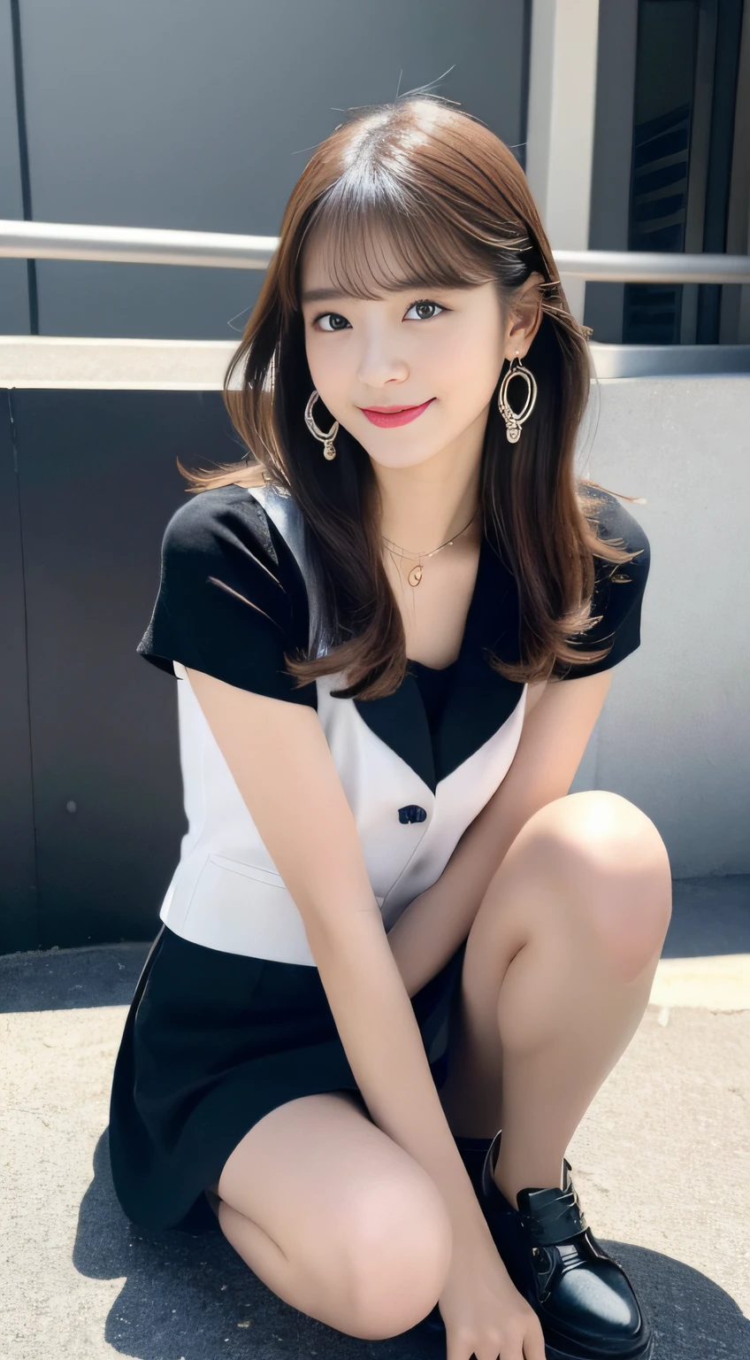 (8K、Raw photo、highest quality、masterpiece:1.3)、(realistic、Photoreal)、(very big breasts:1.1)、perfect limbs、squat、sit on the floor、hold one&#39;s knees、bend your knees、living