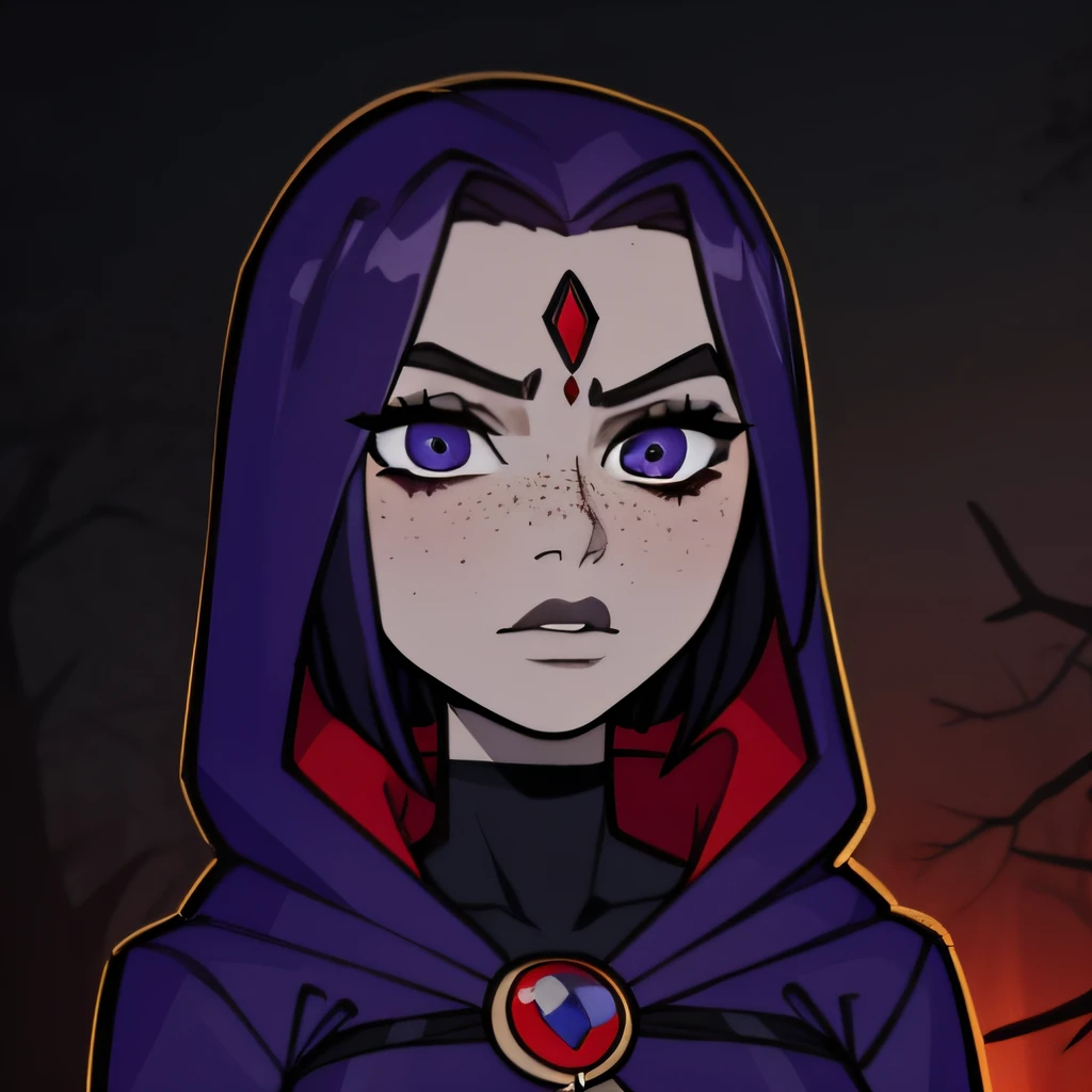 Raven,  titans, hooded, goth girl, autumn forest background, detailed, detailed, detailed, beautiful, detail, freckles, goth girl, masterpiece, purple clothes, red jewel centre head, dark night background, gothic, goth, goth, detailed, goth girl, piercings, detailed face, looking viewer, raven