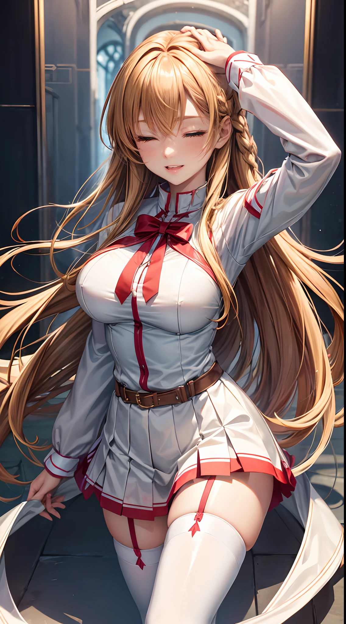 Asuna Yuki(Sword Art Online),master-piece,beste-Qualit,Hire 64K,professional artwork, dynamic angle,Cute Girl,Long golden brown hair,braid,Brown eyes,detailed eyes,One Eye Closed,White steel neck strap,Erotic facial expressions,bare breasts,huge breast,,White long sleeve shirt with red stripes,Red and white skirt,pleated skirts,lifelike,The thin legs are very pretty..,Very beautiful long legs..,white thighhighs,Beautiful thighs,garters,Perfect body,lifelike,oily shiny skin,smirk,opened mouth,stand,half body portrait,Saw lawn thighs,cloudy,4K Picture Quality