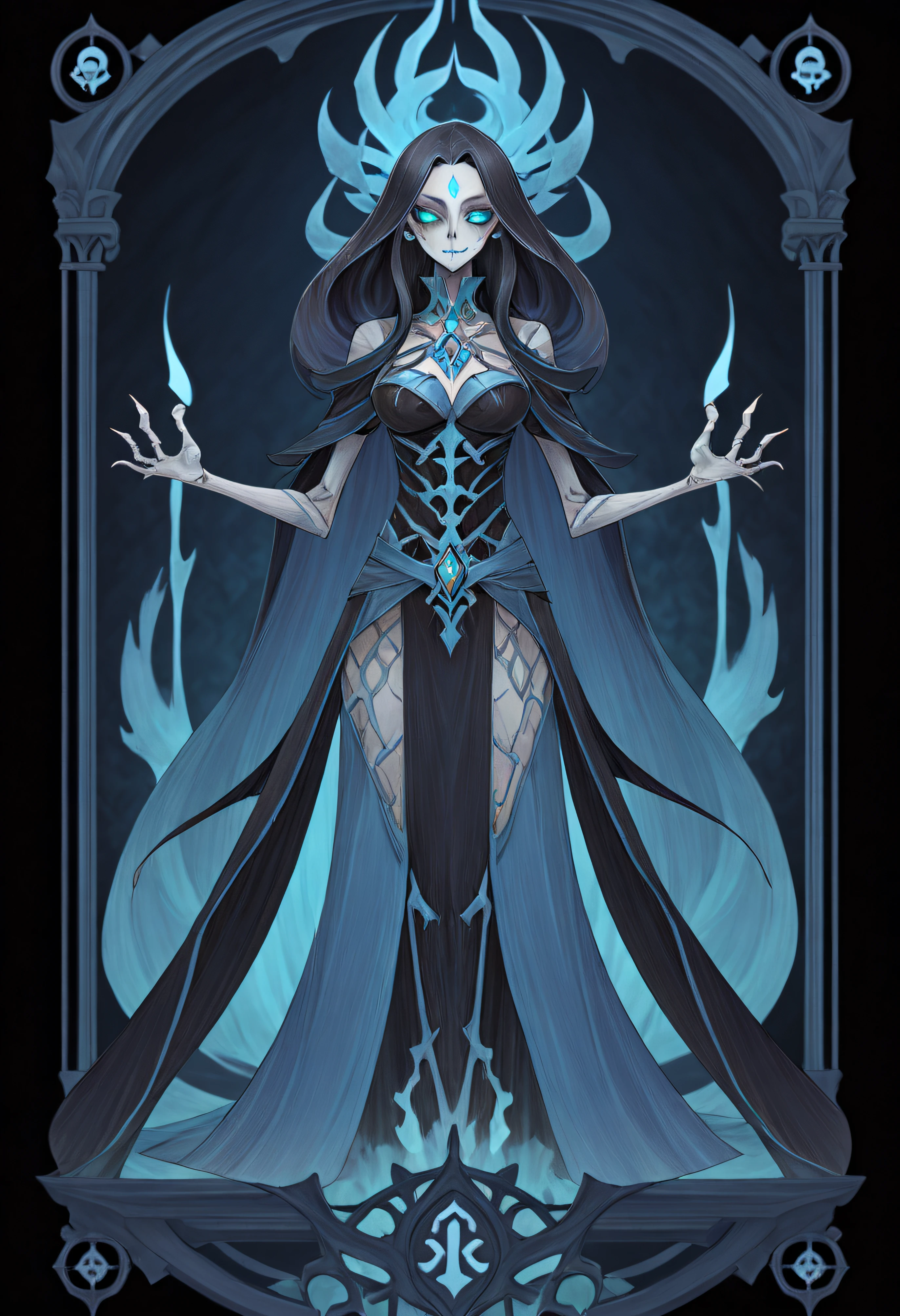 Full body portrait of 1 girl, undead mage, Skeletons float, blue flame, Tattered costumes, standing on your feet, (((独奏))), Clear facial features, Simple line design, ((tarot card background, symmetric beauty)), perfectly symmetrical, The art of symmetry, Standing drawings of characters, ((flatcolors)), tmasterpiece，top Quority，best qualtiy，超高分辨率, ((Clear facial features，beautidful eyes，beauitful face, Exquisite facial features))