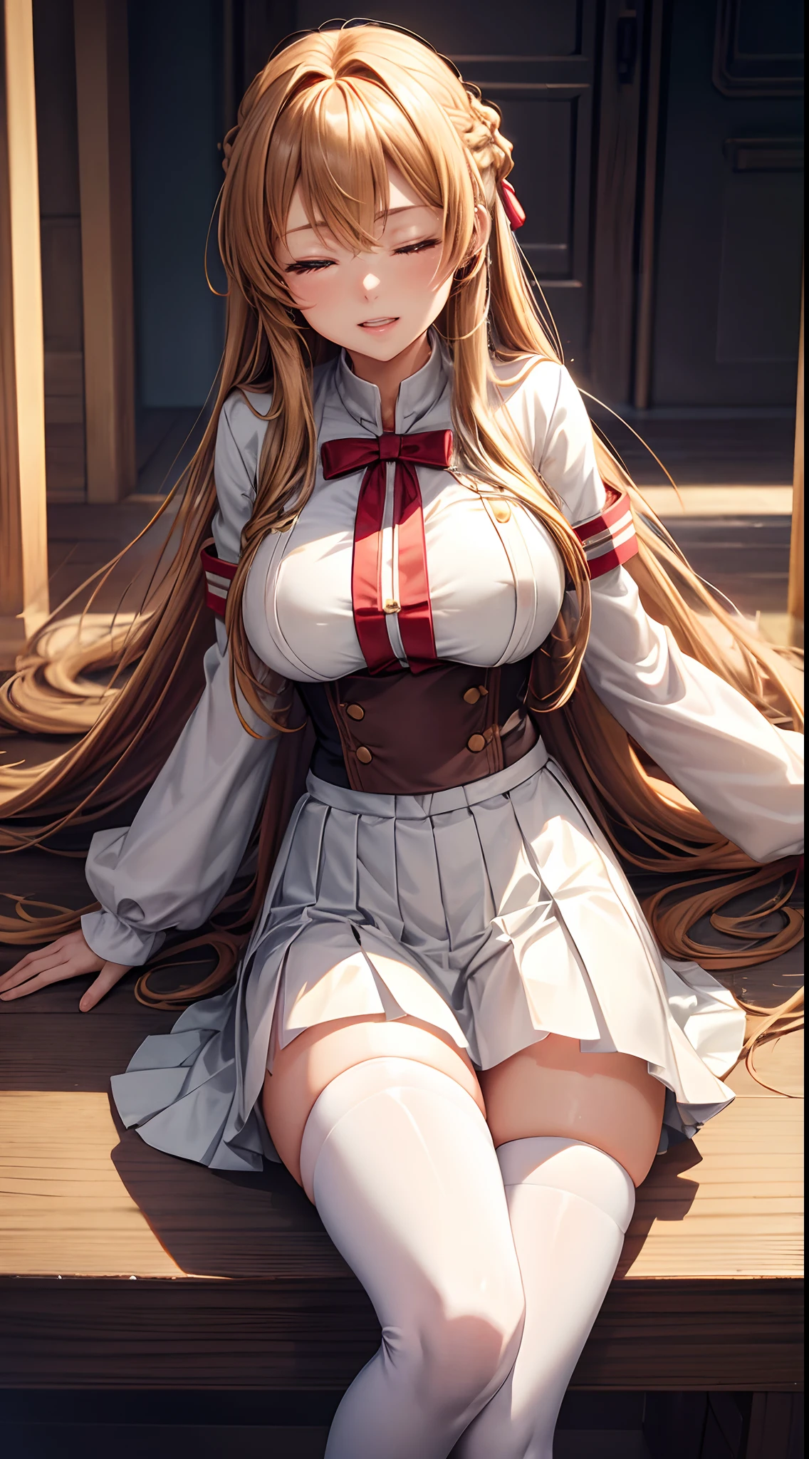 ((highest quality、High resolution、Highly detailed CG Unity 8K wallpaper))、detailed face、perfect body、unparalleled beauty、beautiful breasts、spread your legs wide、embarrassed look、I'm seducing you、I'm inviting you to have sex、Love juice dripping from the vagina、((She lifts up her skirt and shows no panties))