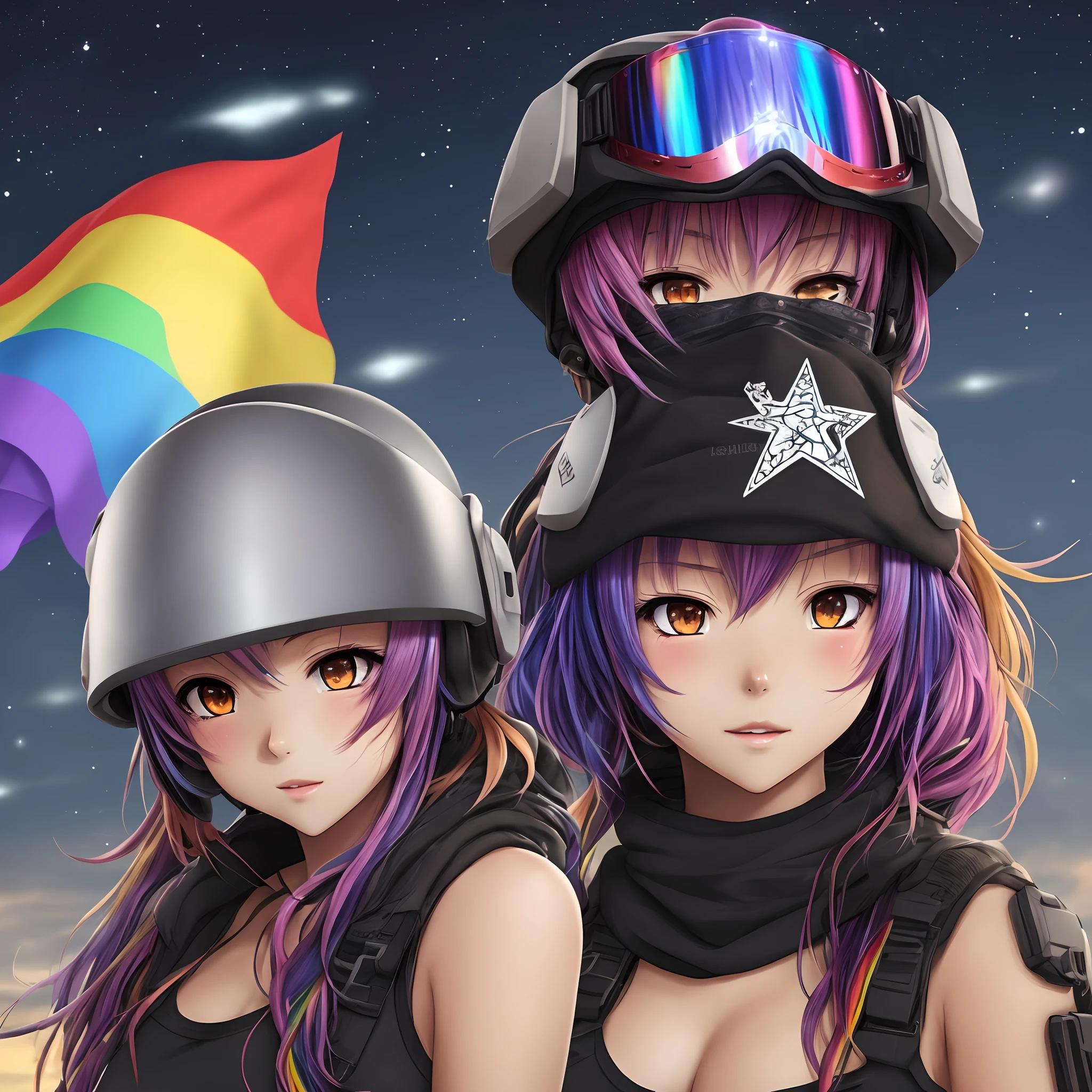 Tactical anime girl, brown skin, rainbow hair, ski mask, brown pretty eyes, star sticker on helmet