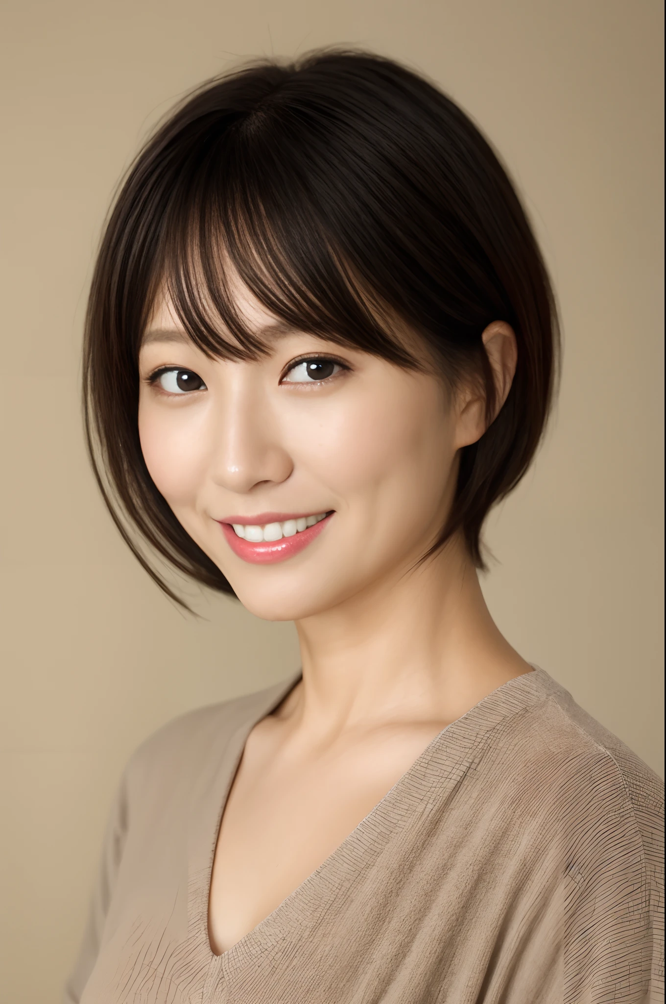 Portrait, 8K, High quality, Realistic photo images, 39 years old, Japan  Woman, Neat and clean wife, small, housewife, Reproduce natural and realistic eyes, Japan Person Stand, small, Beautiful black hair, Short hair, Light makeup, Octane rendering, Beautiful lighting, Golden ratio composition, Smile, Everyday wear, Casual clothes, Natural background, Blurred background, 4K, High quality, Realistic photo images, Japan  Woman, 37 years old, Pure Japanese face, Lovely wife, Upper body, Small breasts, Light makeup, Suppin, Neat beauty, Mature woman, Sober clothing, Gray, Beige, Blue, sober, Casual attire, Smile, Black hair, Small black eyes, Background blur