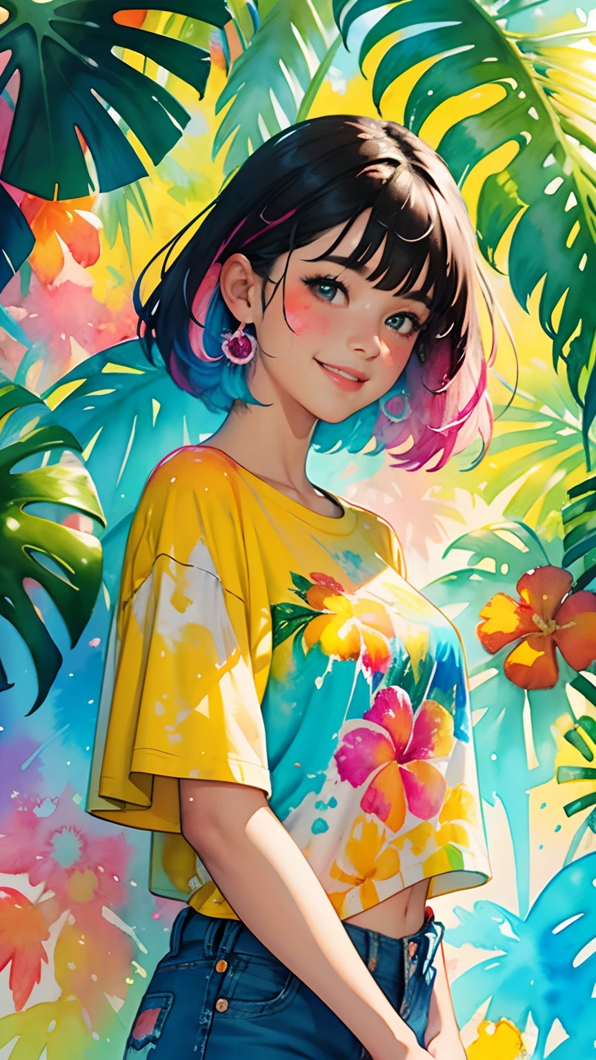 a tropical painting with a splatter background and spray paint effect, mangoes and flowers design t-shirt and jean shorts, woman upper body centered, multi-color hair, big happy smile, watercolor art,  watercolor painting, watercolor painting style, watercolor detailed art, watercolor digital painting, watercolor paint, masterfully detailed watercolor, watercolor art