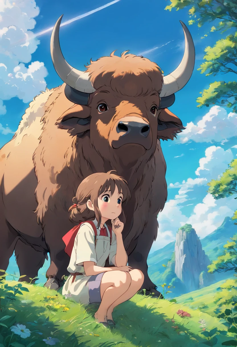 Cute buffalo looking at the sky，The expression is sad