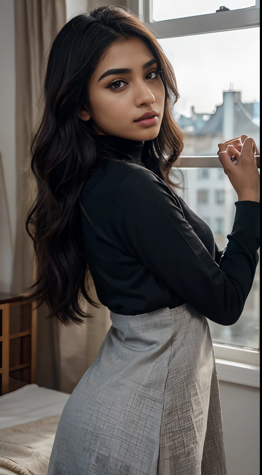 ultra-realistic photographs,Indian Instagram female model,mid 20s,9:16,mid-shot,beautiful detailed eyes,detailed lips,longeyelashes,black stylish hair, naturally full eyebrows,perfectly formed nose,expressive face,attractive appearance,candid photo,vibrant and colorful turtle-neck t-shirt dress, plain dress, hostel room background, serene atmosphere,stunning architecture,soft and natural lighting,vivid colors,photorealistic,HDR,highres,studio lighting,ultra-detailed,bokeh,fully covered clothes