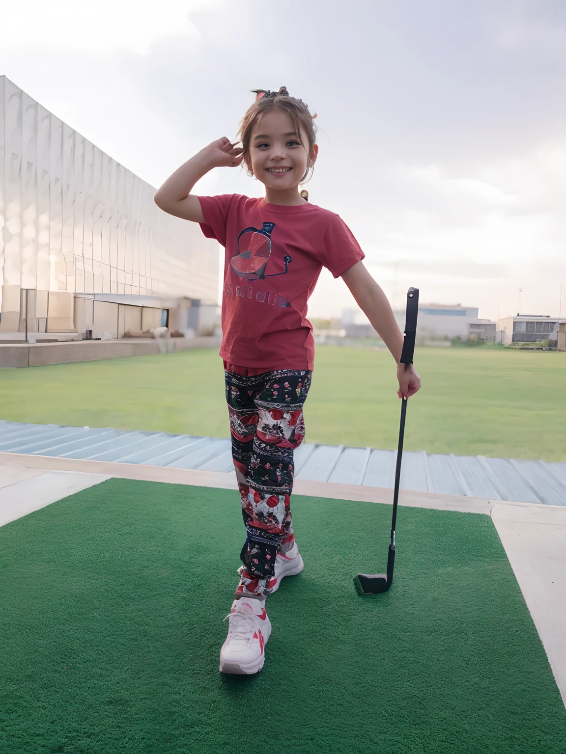 ((holding a ballon)), full body, real photo, 9 years old girl, Brat, white golf wear,