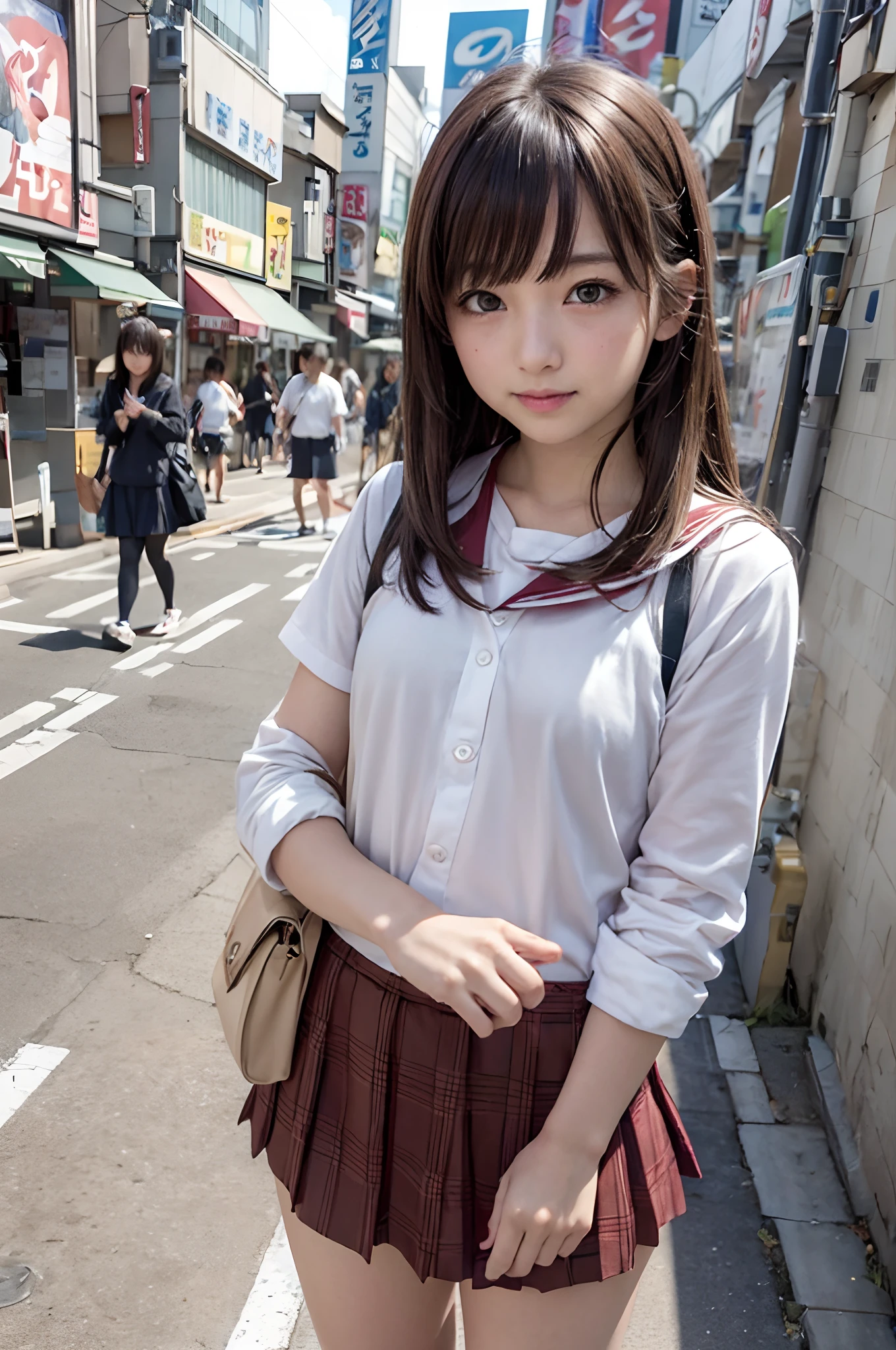 in 8K,top-quality,Real Image,intricate detailes,超A high resolution,Depth Field,masuter piece,natural soft light,profetional lighting,1 girl in,(cute little:1.2),Very beautiful  cartoon girl,Hyper realistic anime, photorealistic anime girl render, Cute Schoolgirl, Seductive Anime Girl, Realistic Young Gravure Idol, realistic anime 3 d style,A detailed eye,((Brown-eyed)),(Brown hair),(bangss),dynamicposes、portlate、japanes、A smile、s lips、(Crowded Akihabara:1.2)、Look at viewers、natural soft light、full body Esbian、独奏、 Pupils、University、校服、Sailor collar、Bobby Socks、pleatedskirt、Daytime、in a street、akihabara、Shinjuku、Shibuya、Ikebukuro